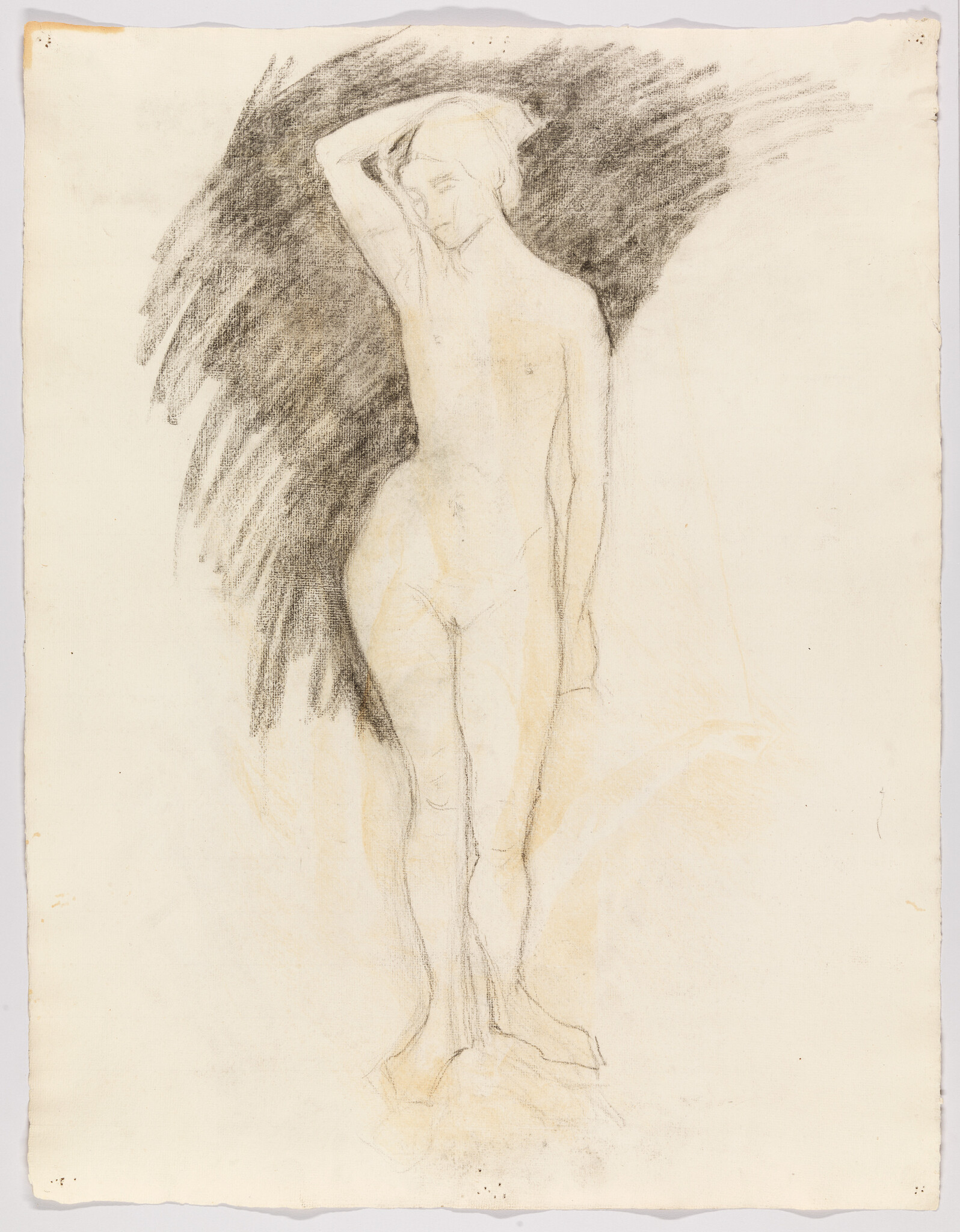 A charcoal sketch of a standing nude woman with one hand resting on her head.