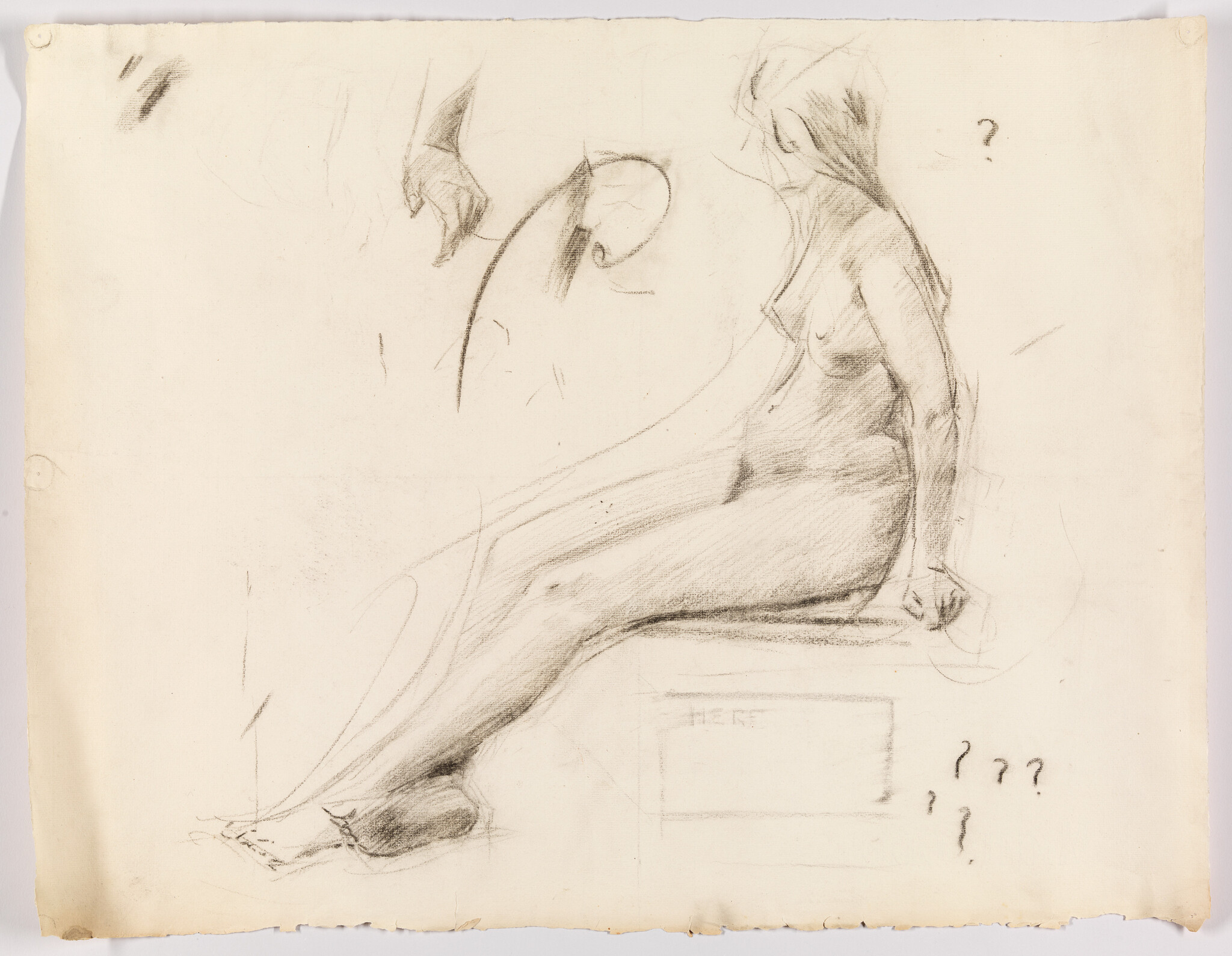 Seated nude woman sketch in charcoal with legs extended and one hand gripping the bench.
