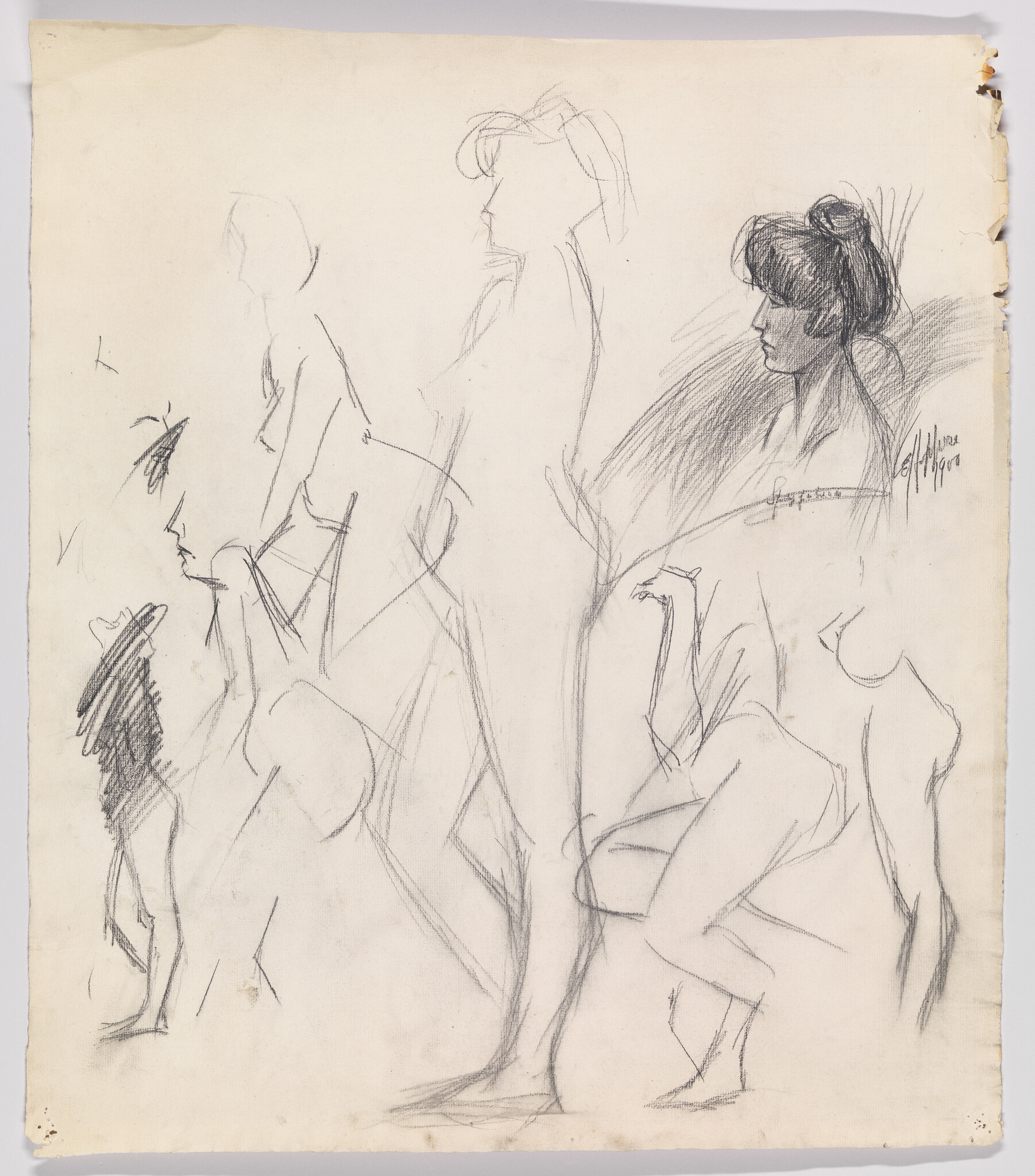 Several quick charcoal figure sketches of women with one detailed head profile on paper.