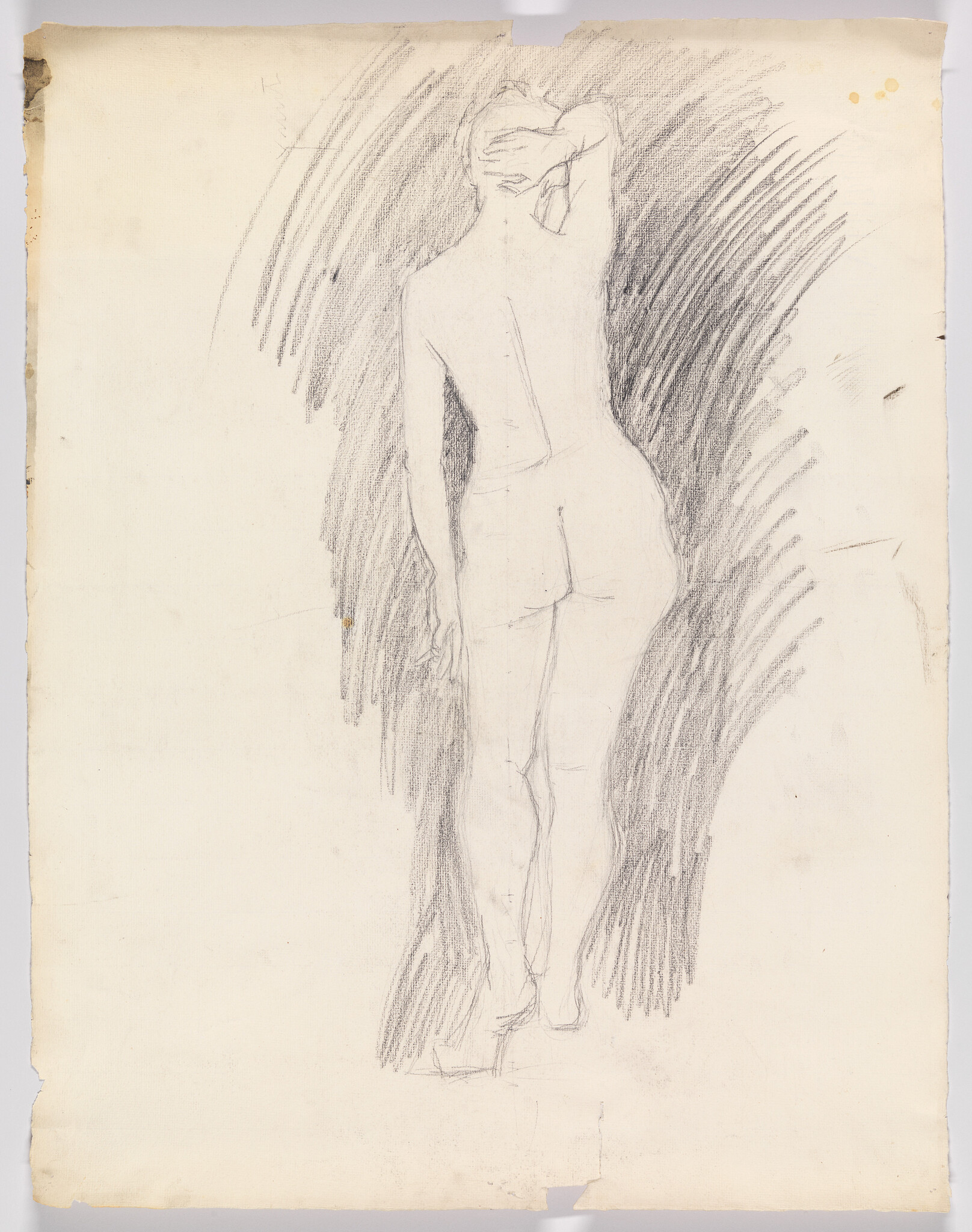 A pencil sketch of a standing nude woman seen from behind with one hand on her head.
