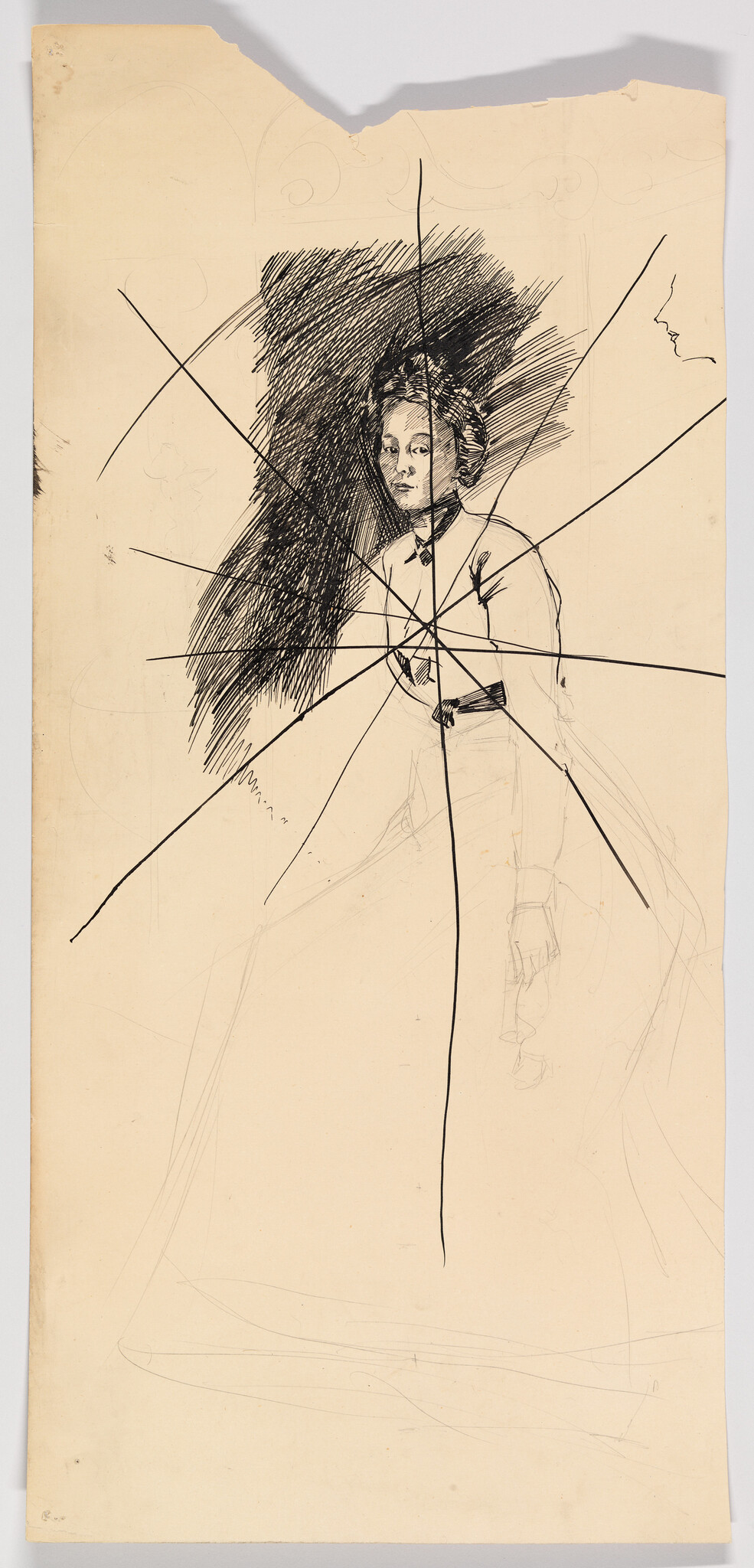 A pen sketch of a seated woman in a dress crossed by bold radiating black lines.