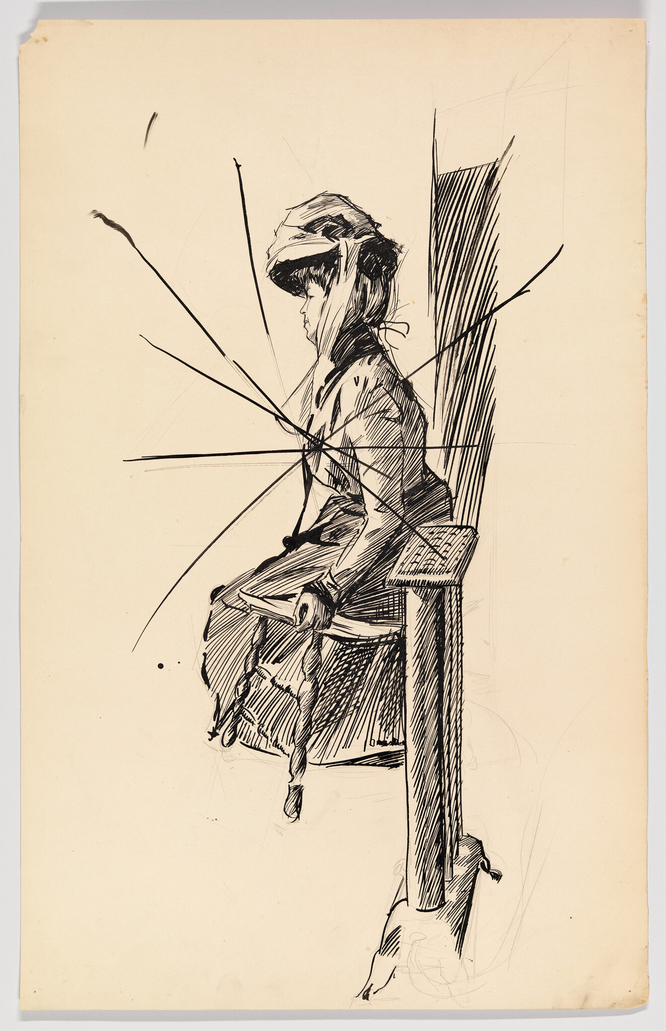 A young woman in a hat sits sideways on a bench holding a bag, sketched.