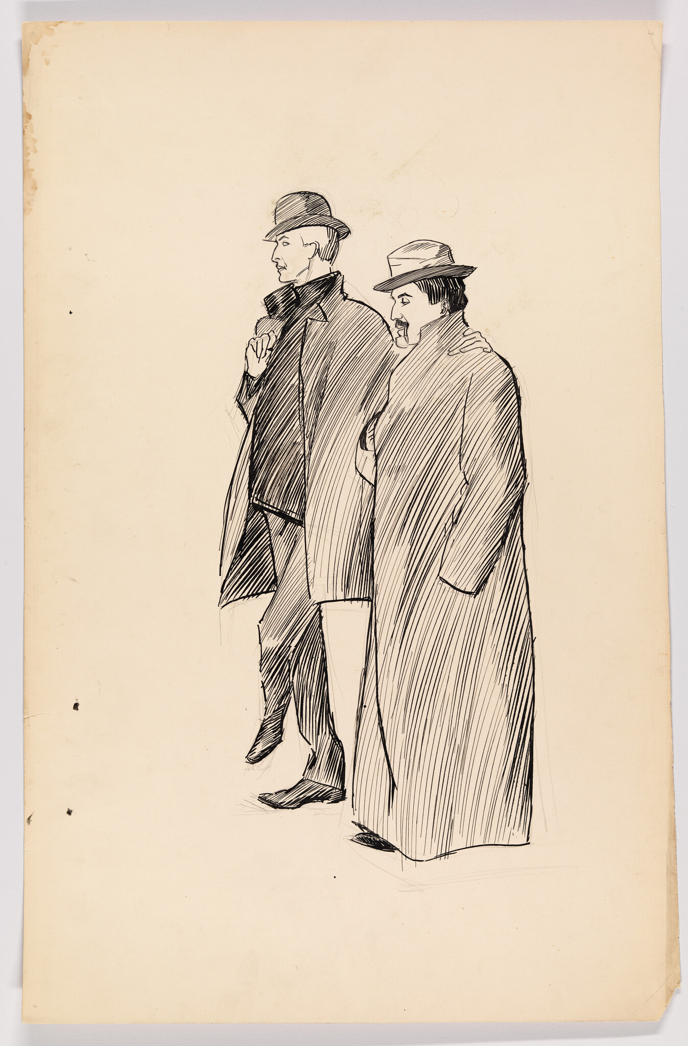 Two men in long coats and hats walk side by side, one with hand on the other's shoulder.