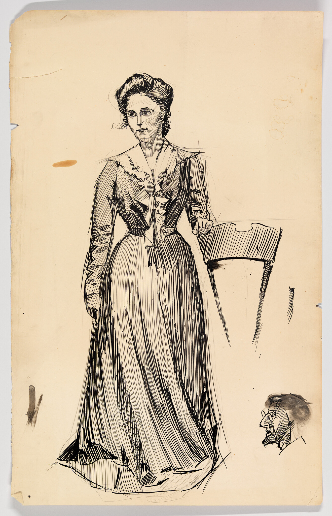 A pen sketch of a standing woman in a long dress with her hand on a chair.