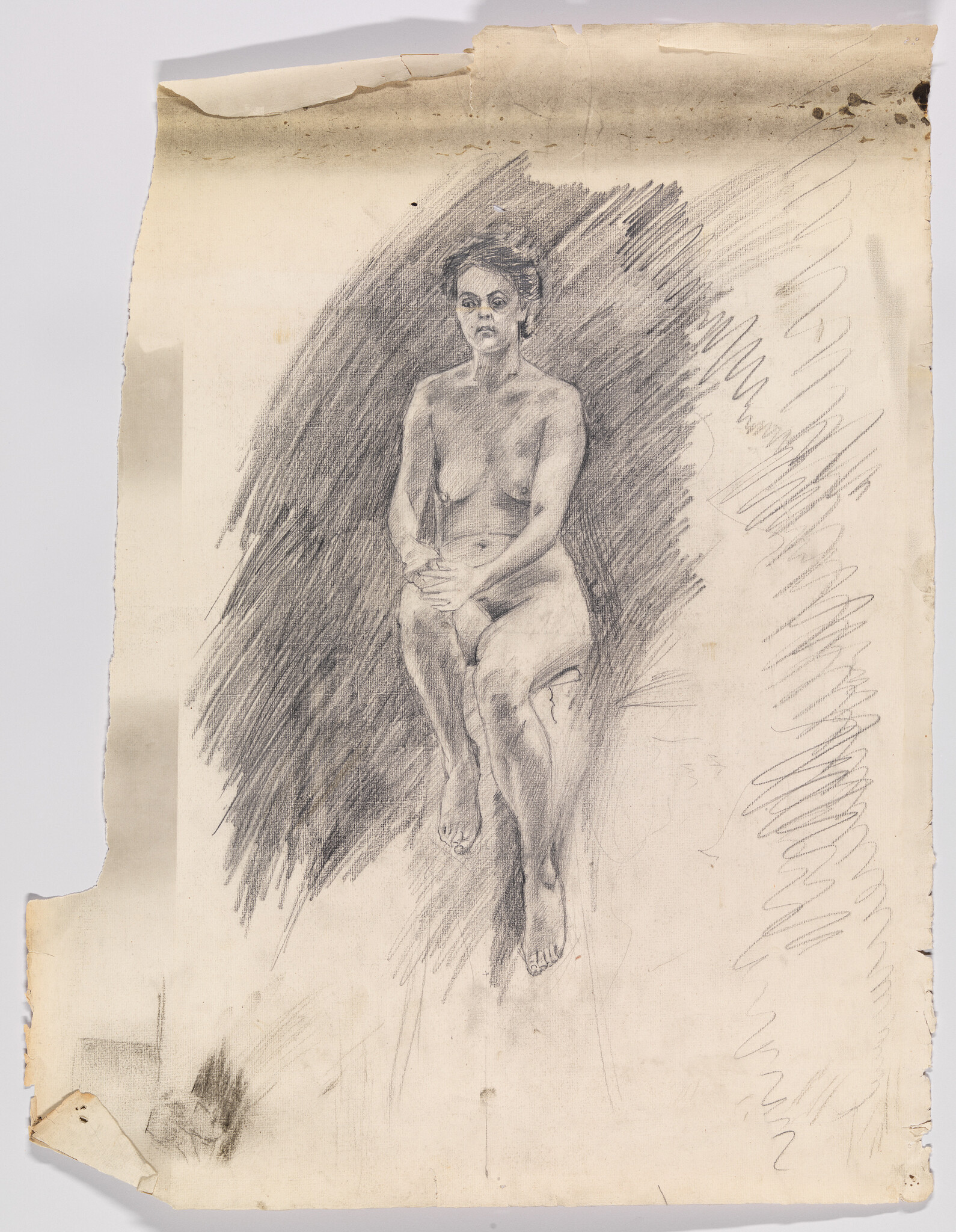 A pencil sketch of a seated nude woman with hands clasped over her knee on aged paper.