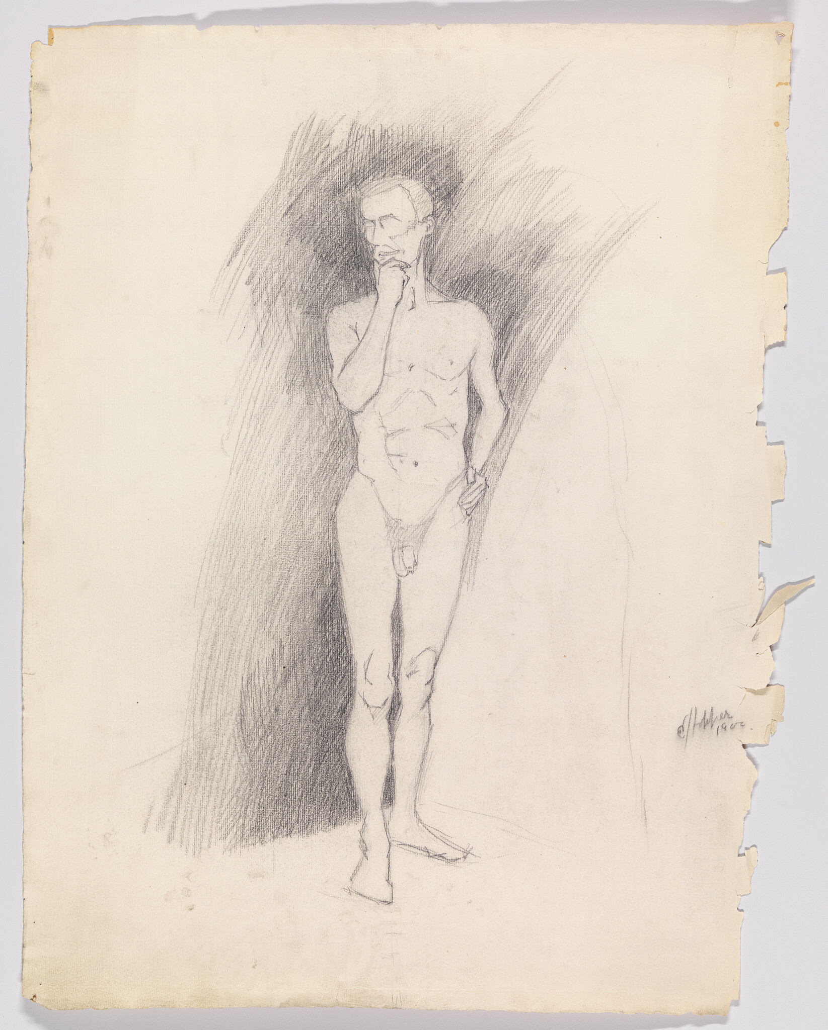 Pencil sketch of a standing nude man with his hand on his chin and a shaded background.