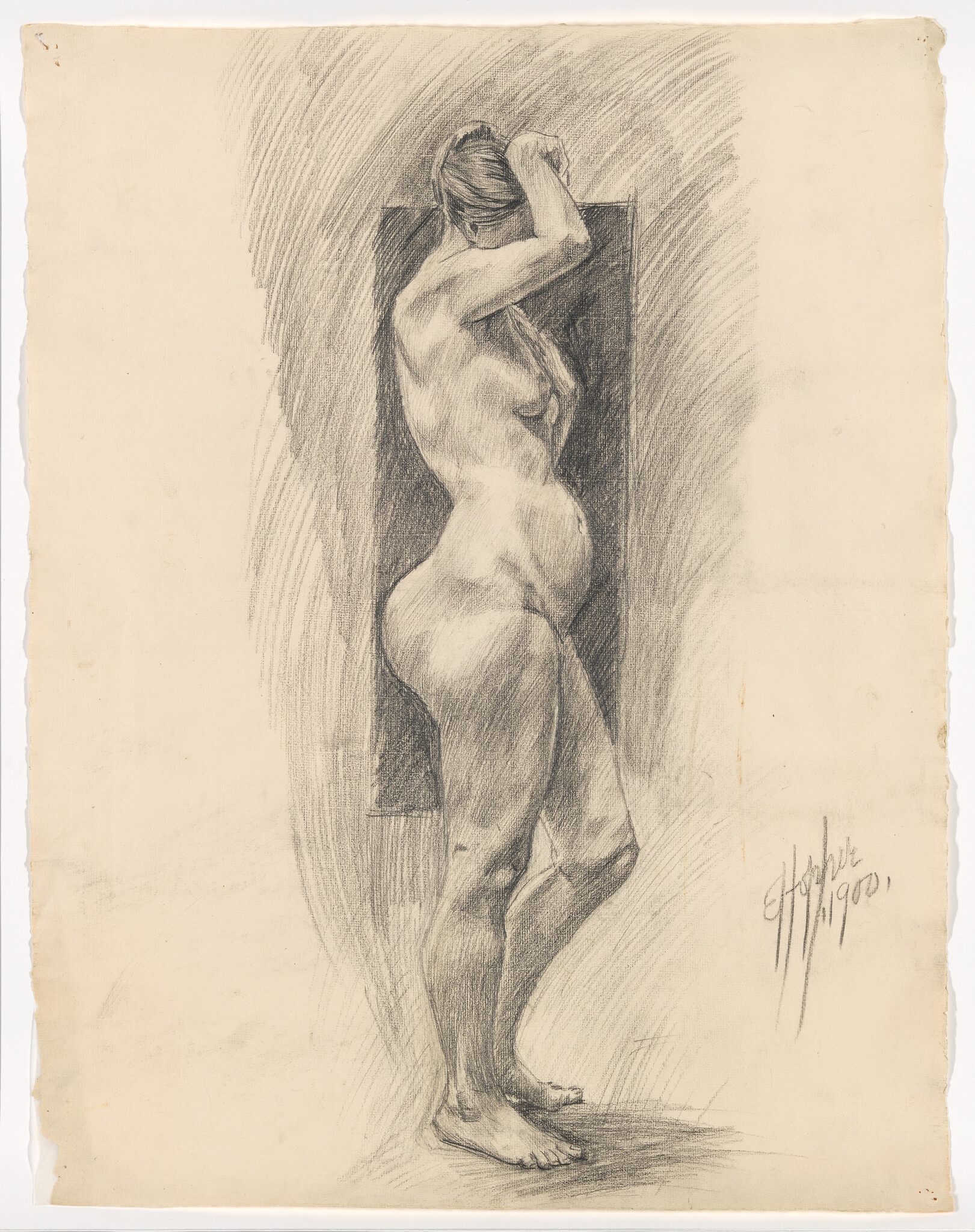 A standing nude woman adjusts her hair in a detailed pencil figure study.