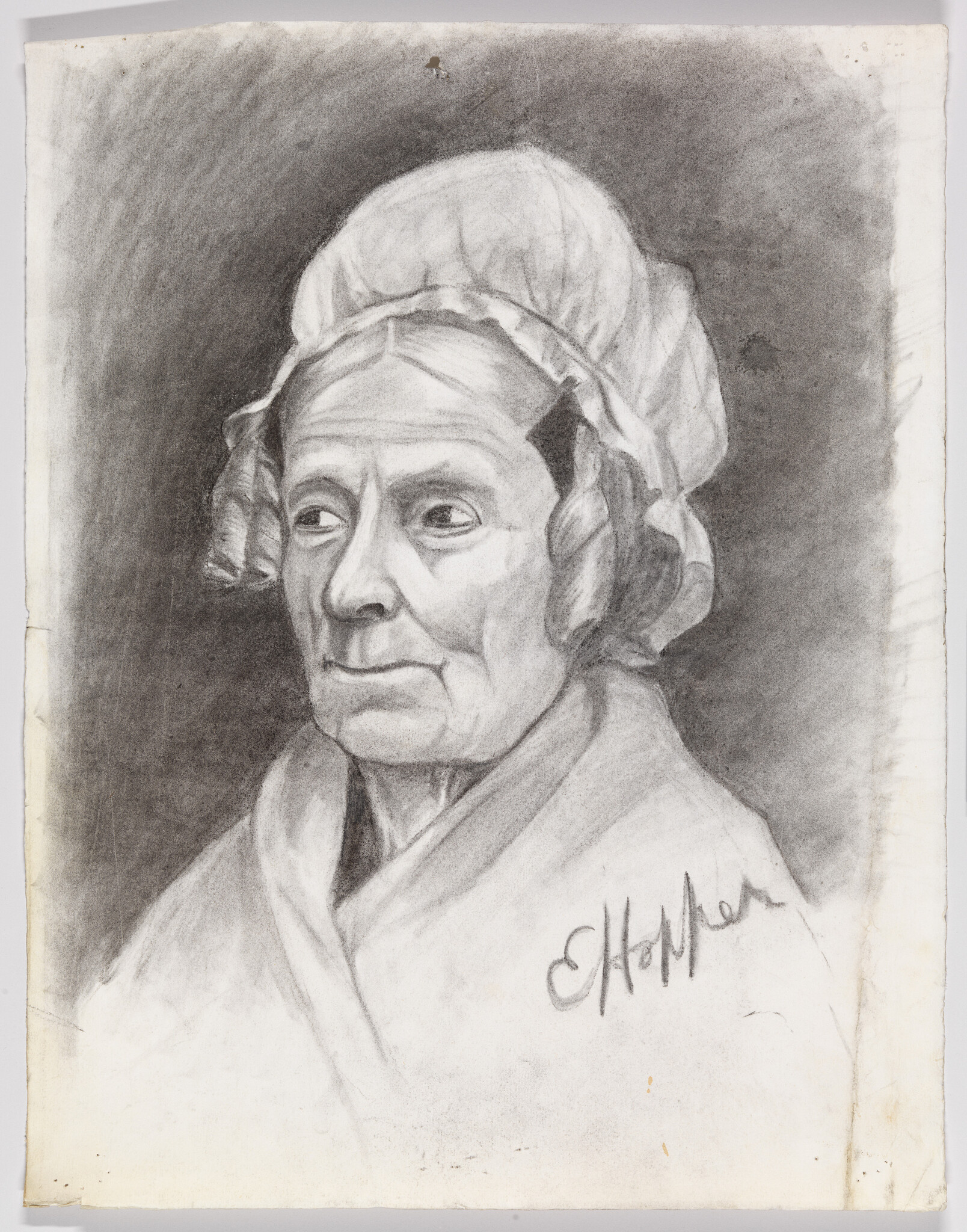 Elderly woman wearing a bonnet looks to the left in a detailed charcoal portrait.