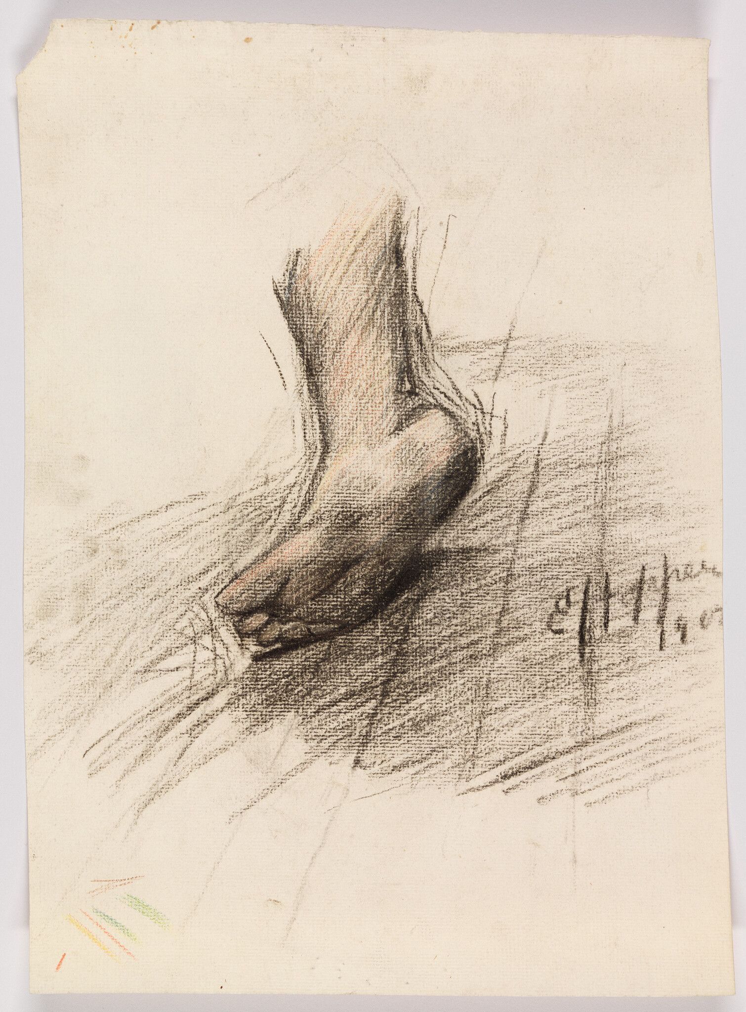 A charcoal sketch of a bare foot and ankle resting on a shaded surface.