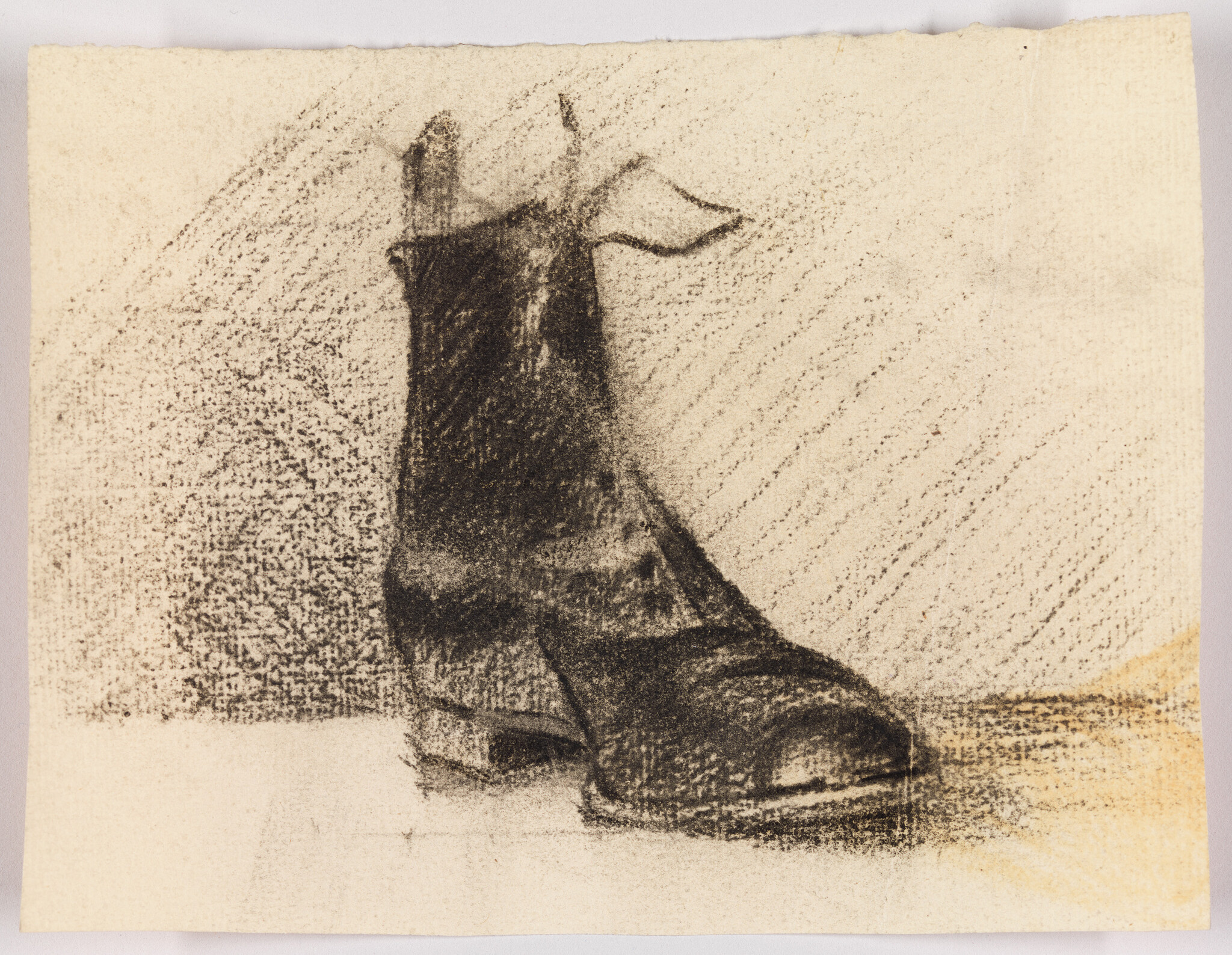 A charcoal sketch of a single worn boot resting on a flat surface.