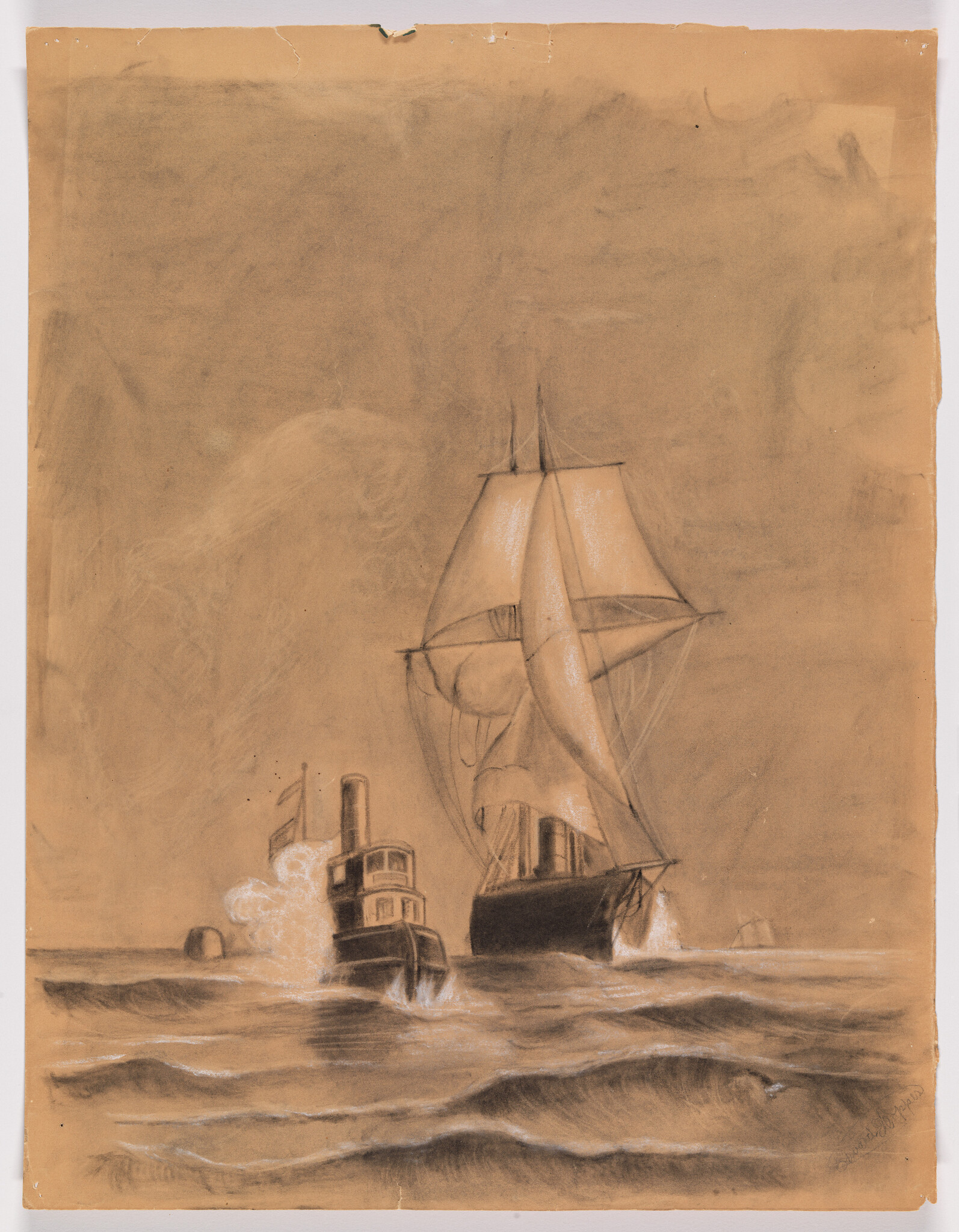 A sailing ship and a small steam tug navigate choppy seas with waves and spray.