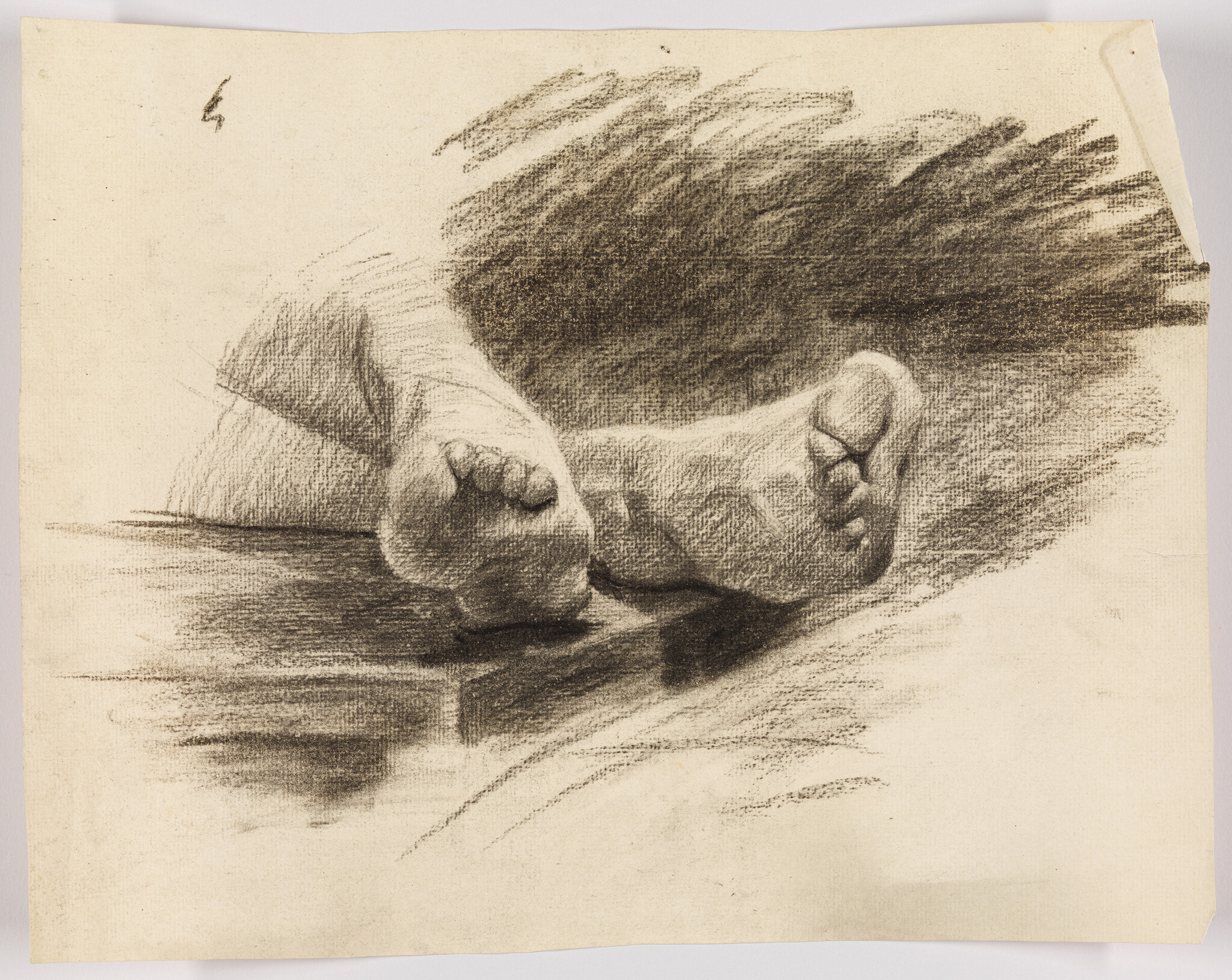 Two infant feet resting side by side on a surface in a charcoal sketch.