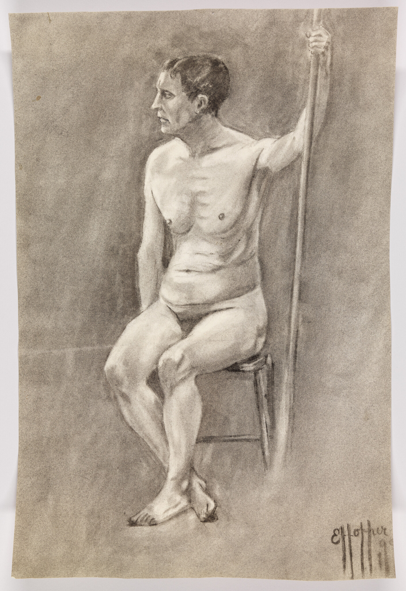 A charcoal drawing of a seated nude man holding a vertical pole while looking left.
