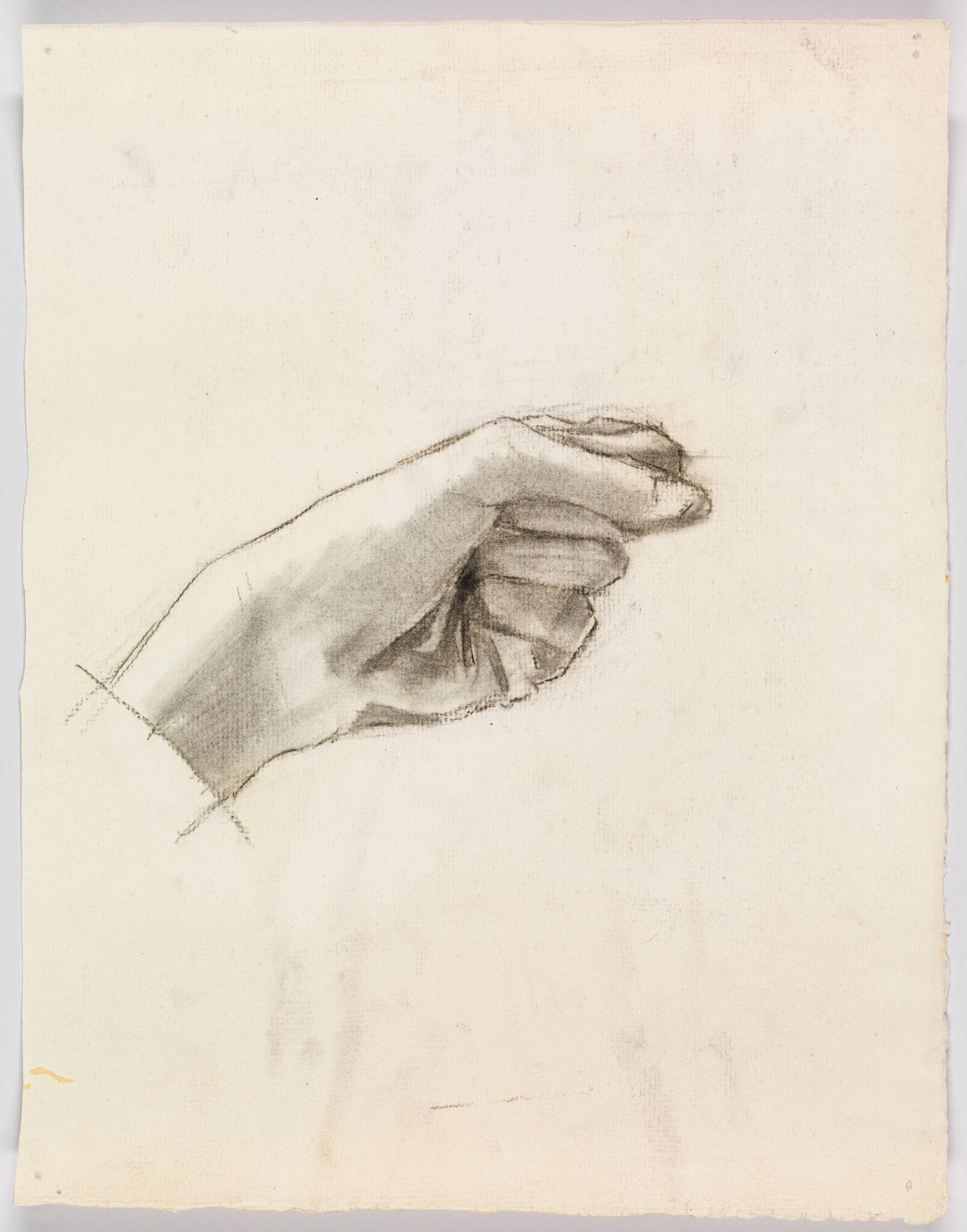 A charcoal sketch of a right hand pinching as if holding a small object.