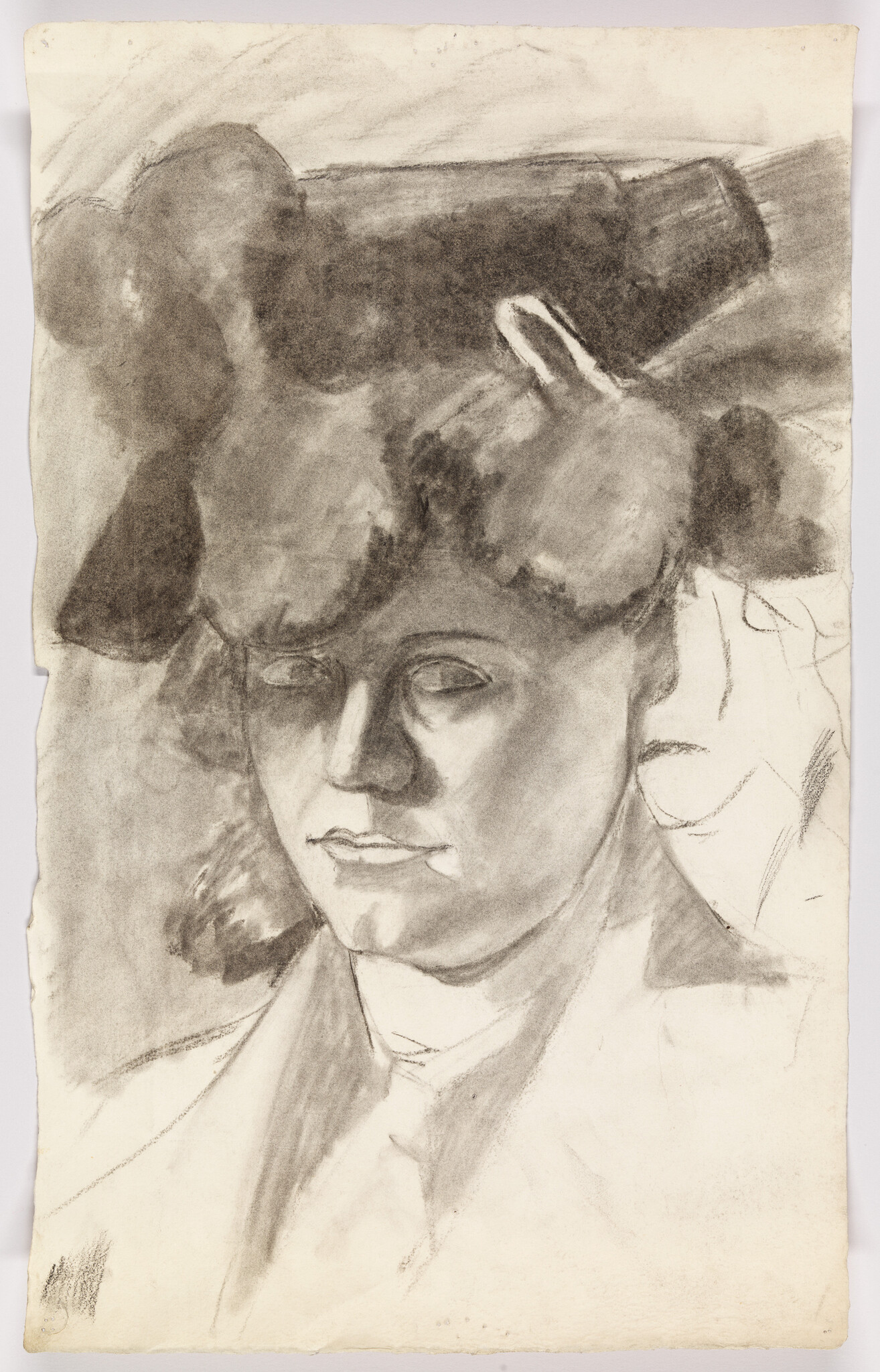 Charcoal portrait of a woman with a large hat and shadowed face.