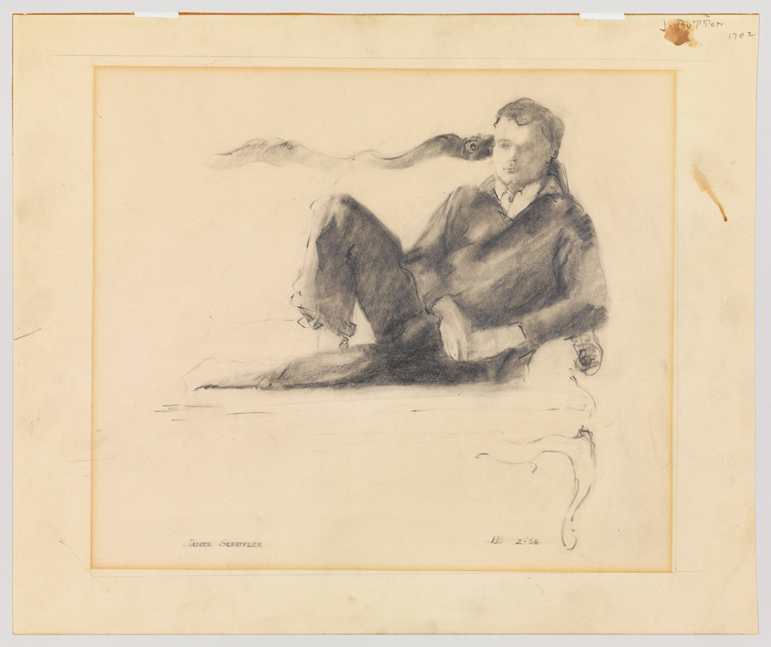 A sketch of a reclining man with a contemplative expression, resting on one elbow with his legs crossed. The drawing is detailed around the man's face and upper body, with looser lines suggesting his lower body and the surrounding space. Smoke trails from a cigarette in his hand, adding a dynamic element to the composition. The artist's signature is visible at the bottom left.