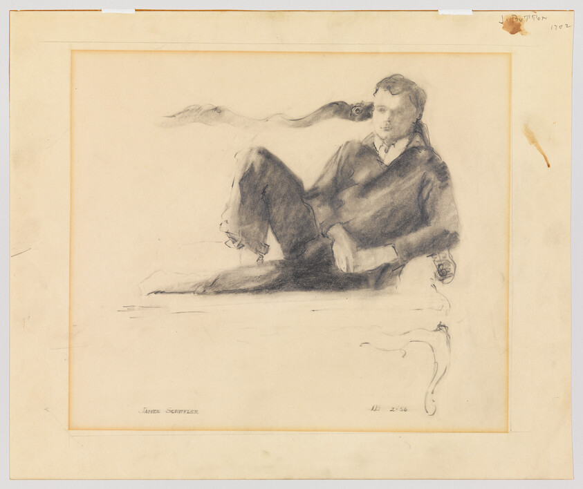 Young man reclining on a sofa with one leg raised, drawn in charcoal.