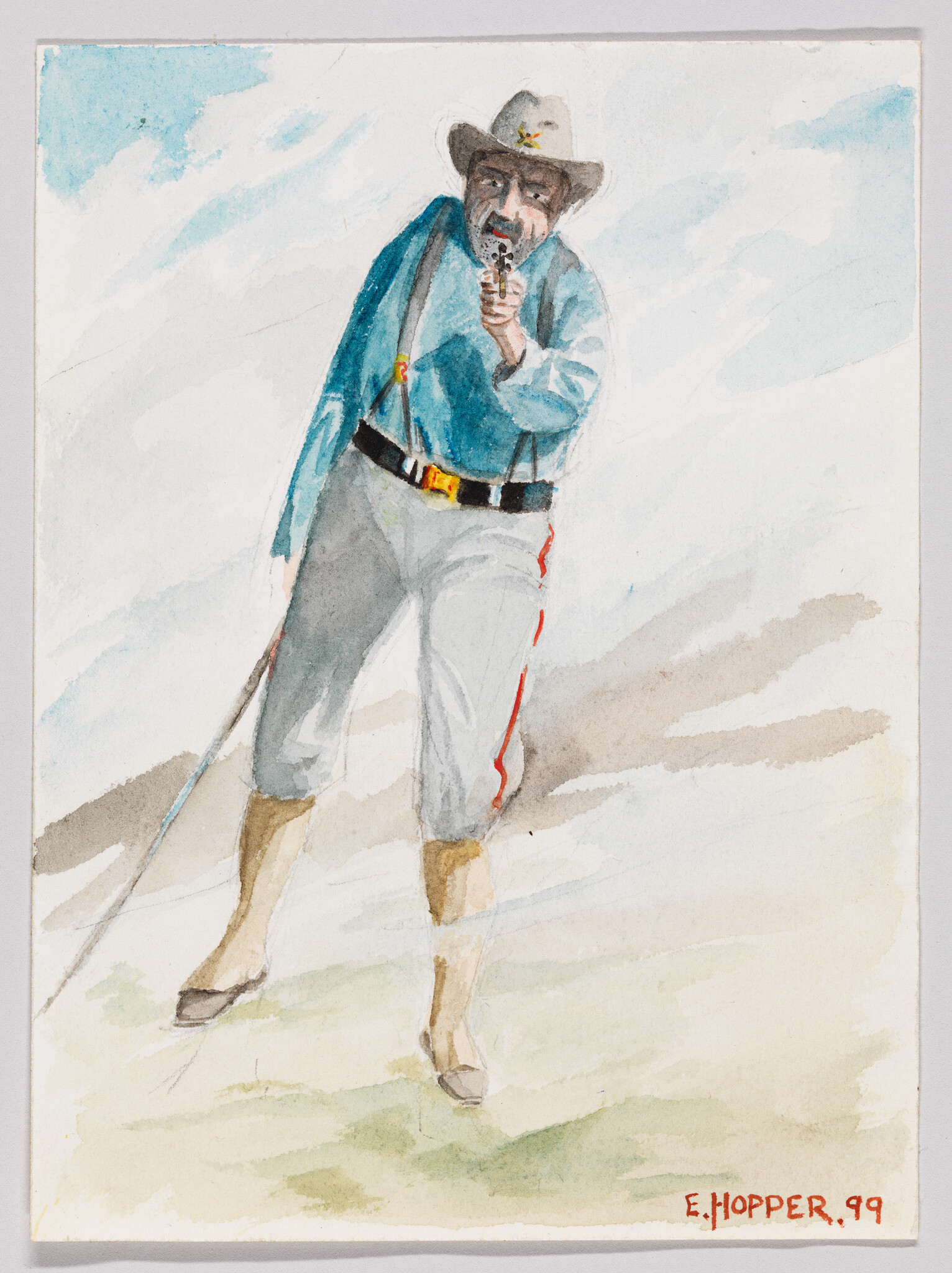 Man in cowboy hat and suspenders aims a revolver while stepping forward with a cane.