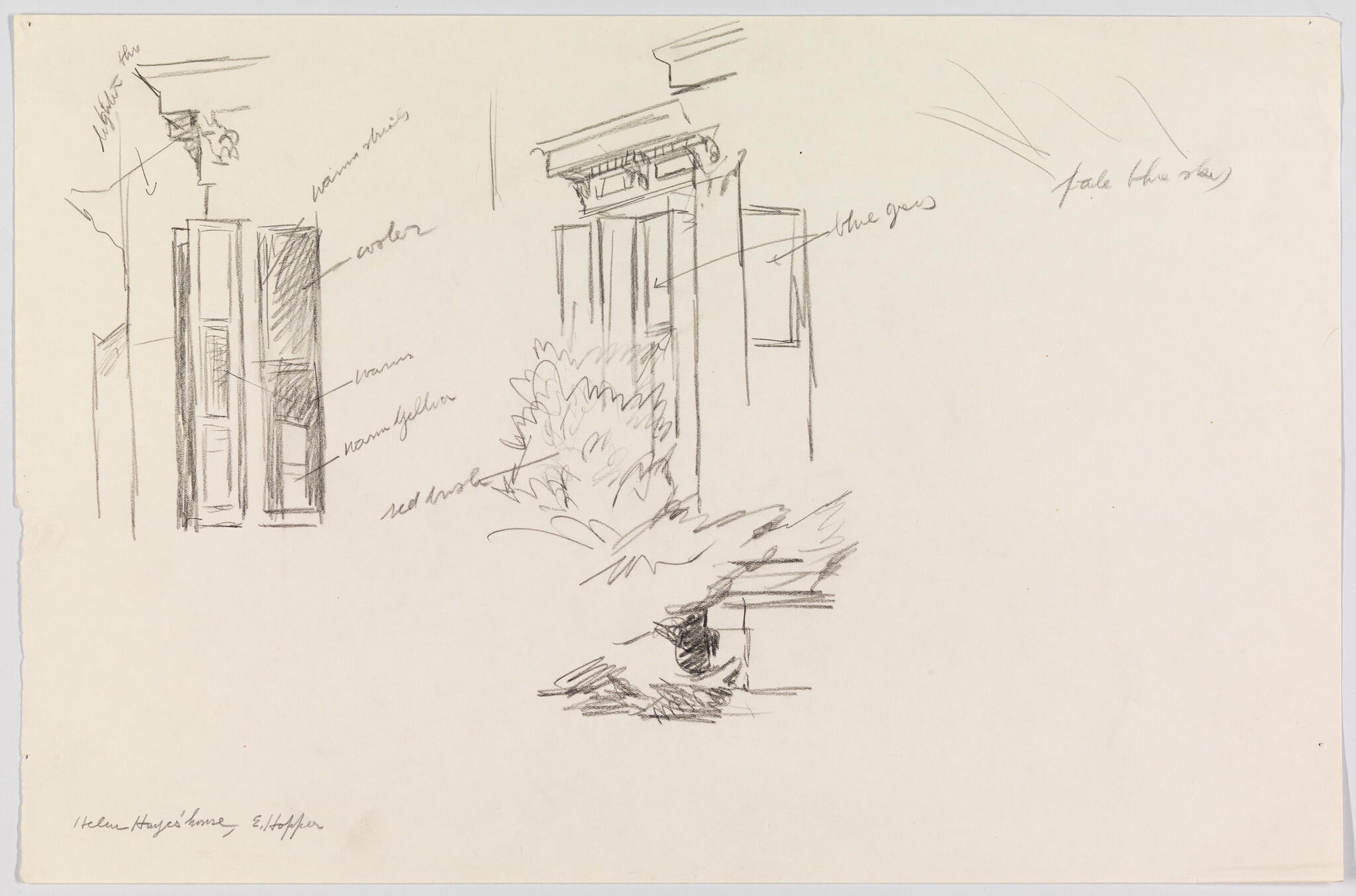 Sketch of architectural elements and a duck, with annotations indicating colors like "warm white," "ocher," "warm yellow," and "red wood." The drawing includes a partial view of a building facade with columns and a duck in the foreground. Handwritten note at the bottom left reads "Keen House's house, Ellsberg."