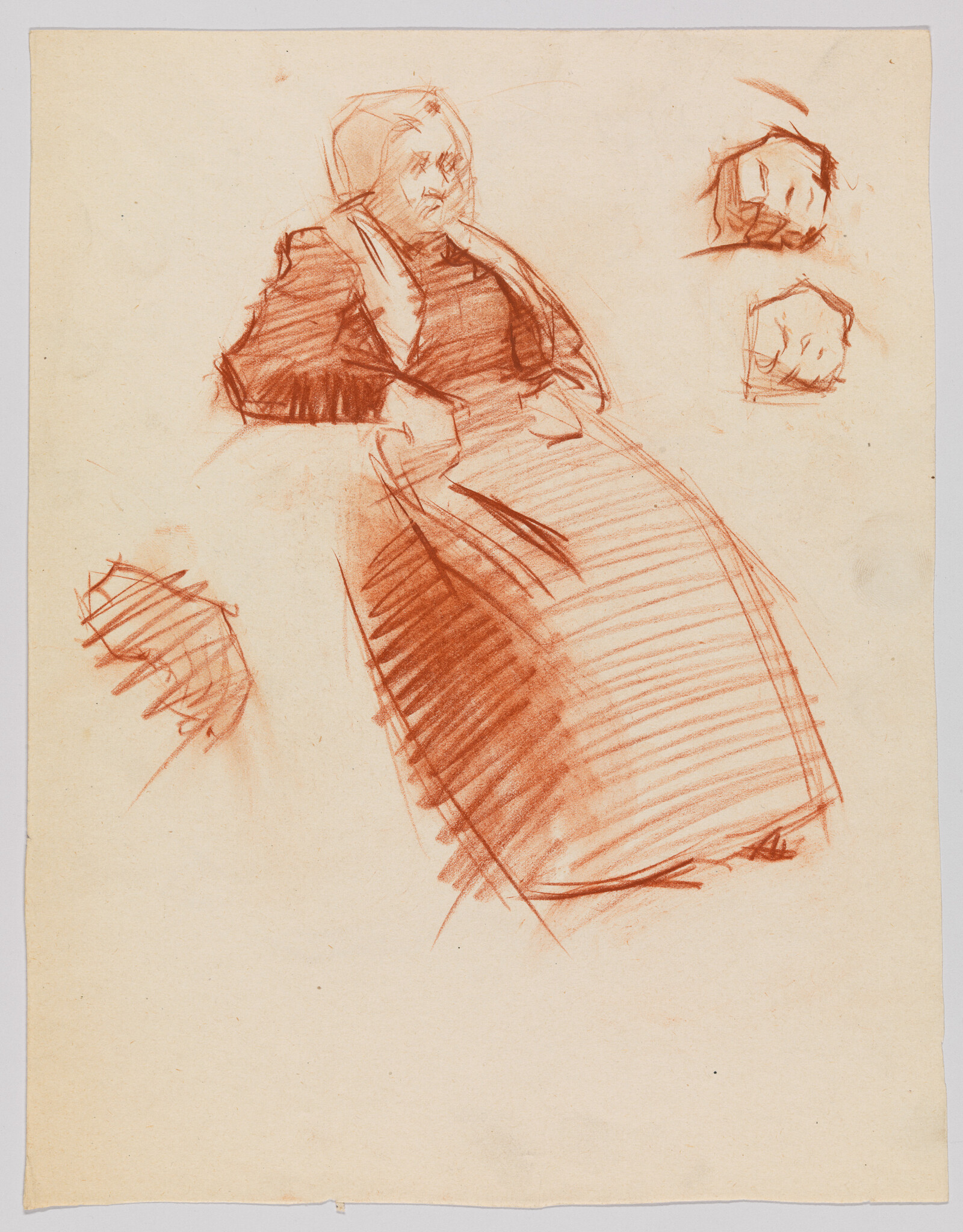 An elderly woman sits in a long dress while the artist sketches hand studies nearby.
