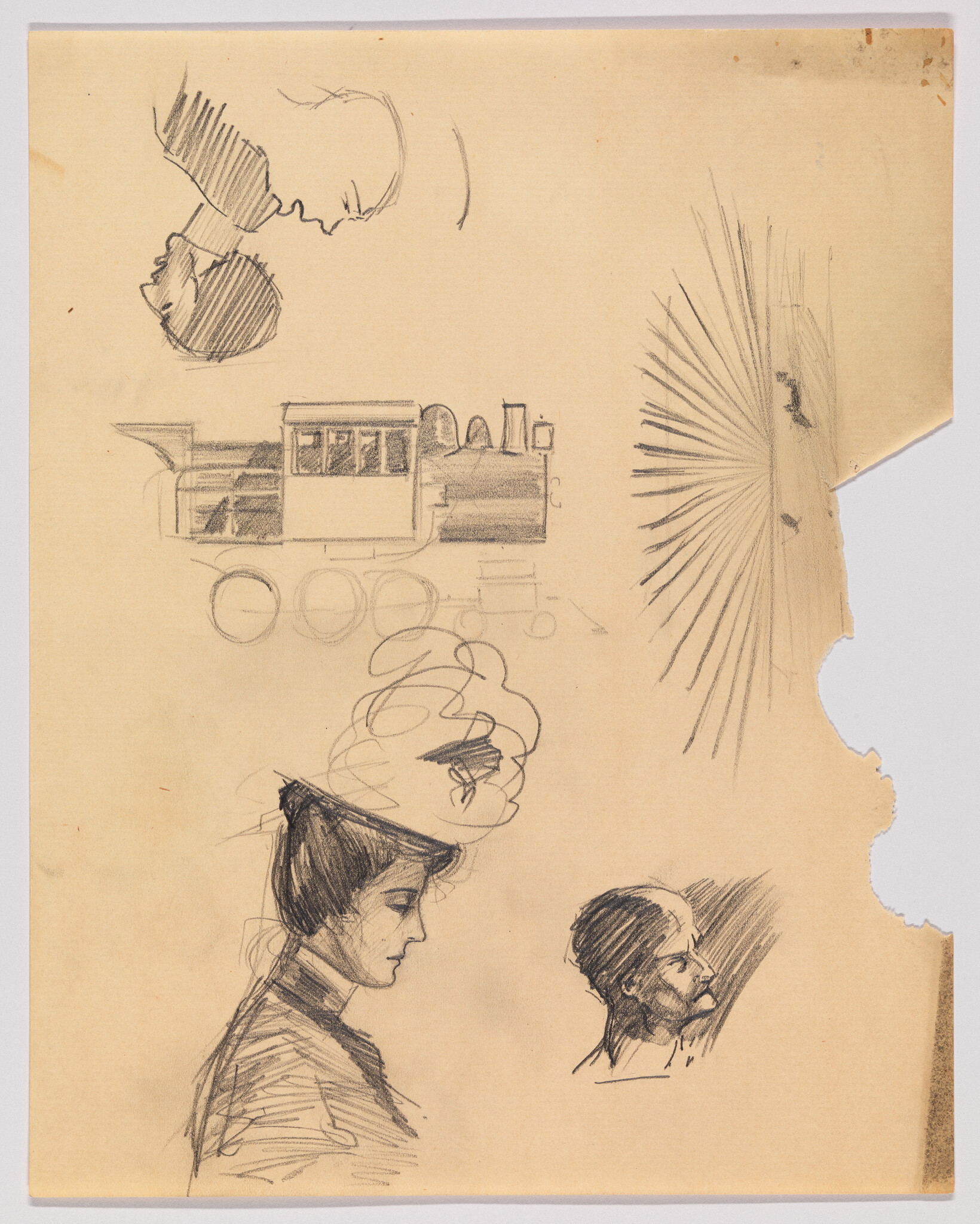 Pencil sketch sheet showing a woman in profile, two male head studies, train, and radiating lines.