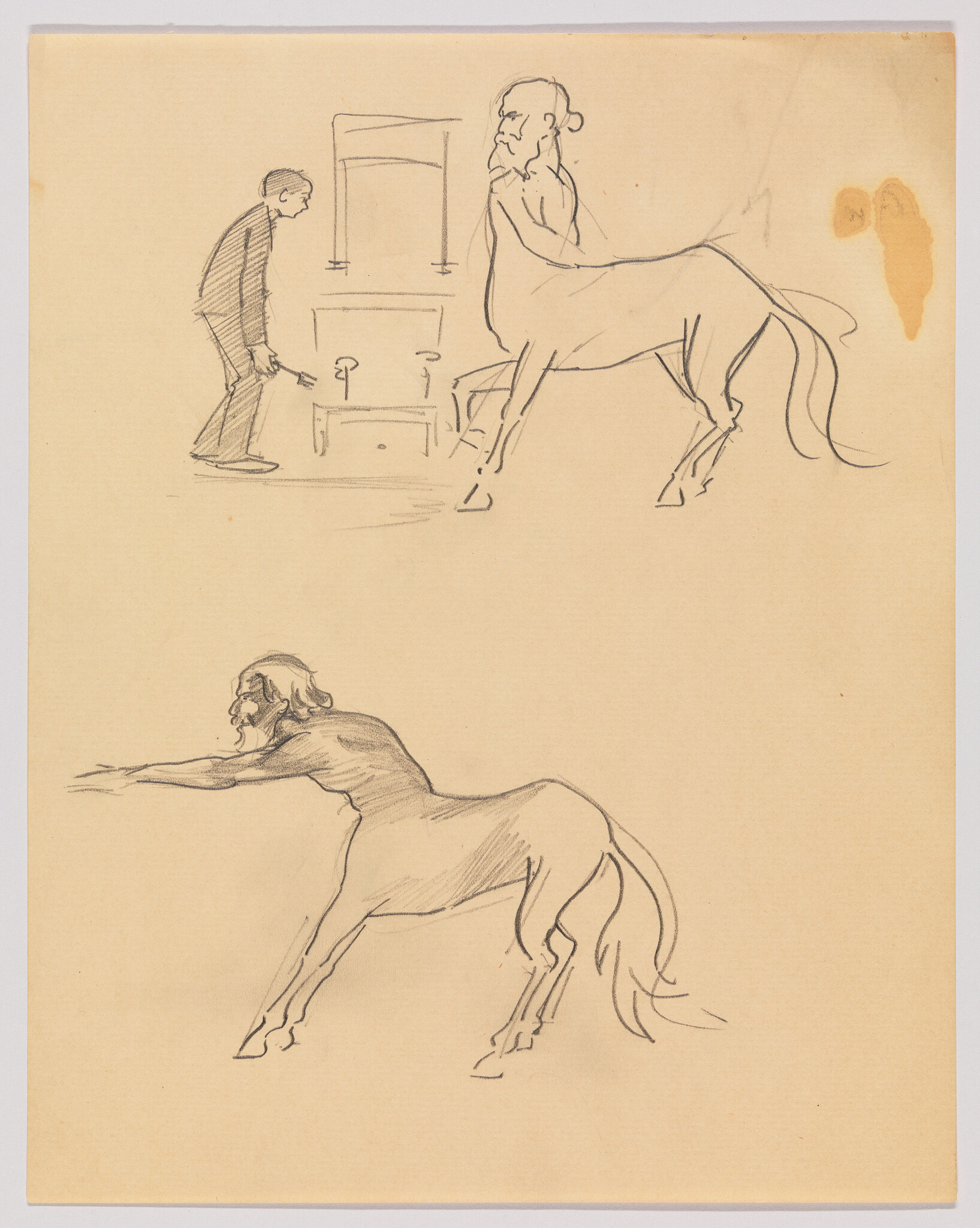 Two pencil sketches showing centaur figures, one approached by a man and one reaching forward.