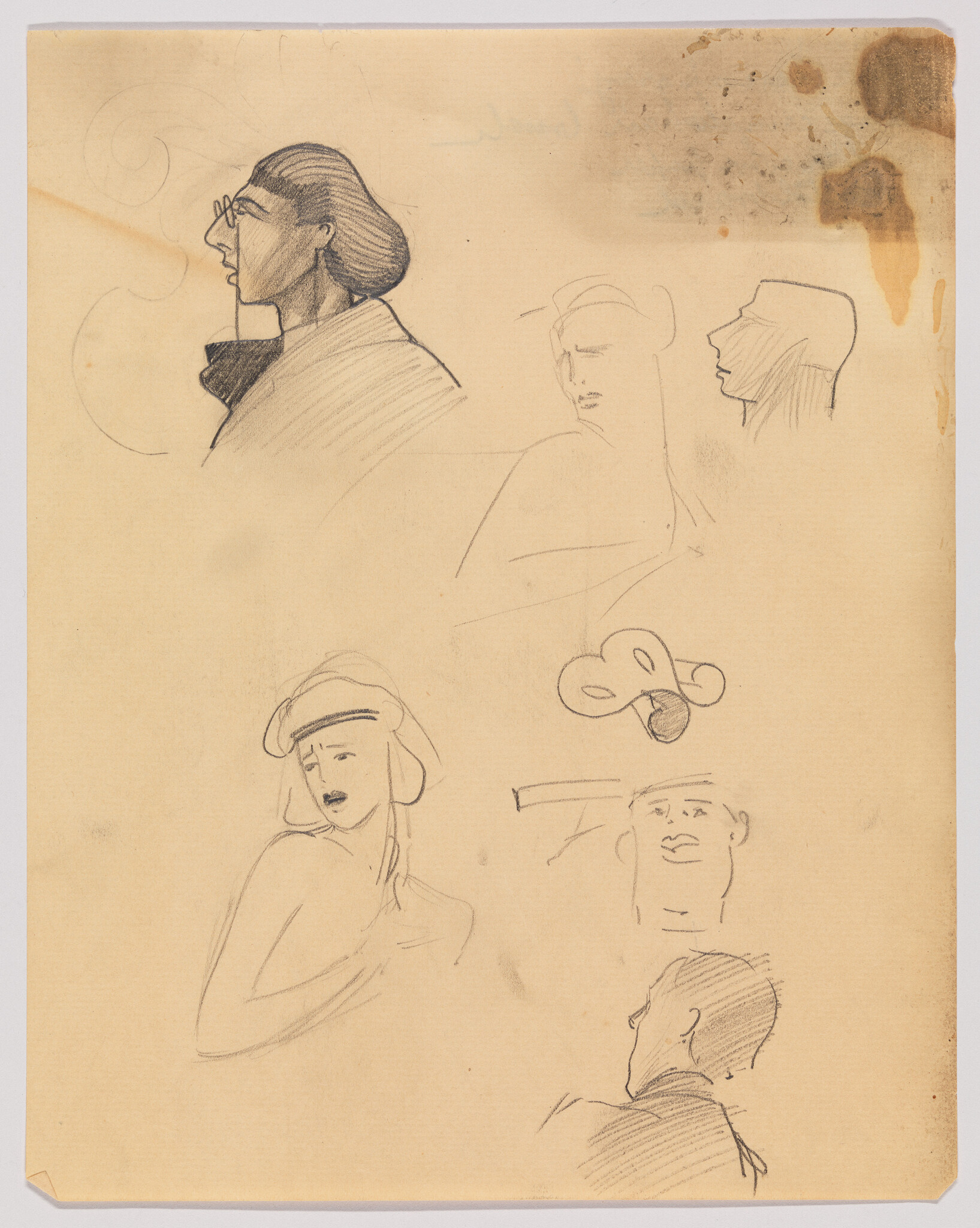 Multiple pencil sketches of people in profile and looking up on aged paper.