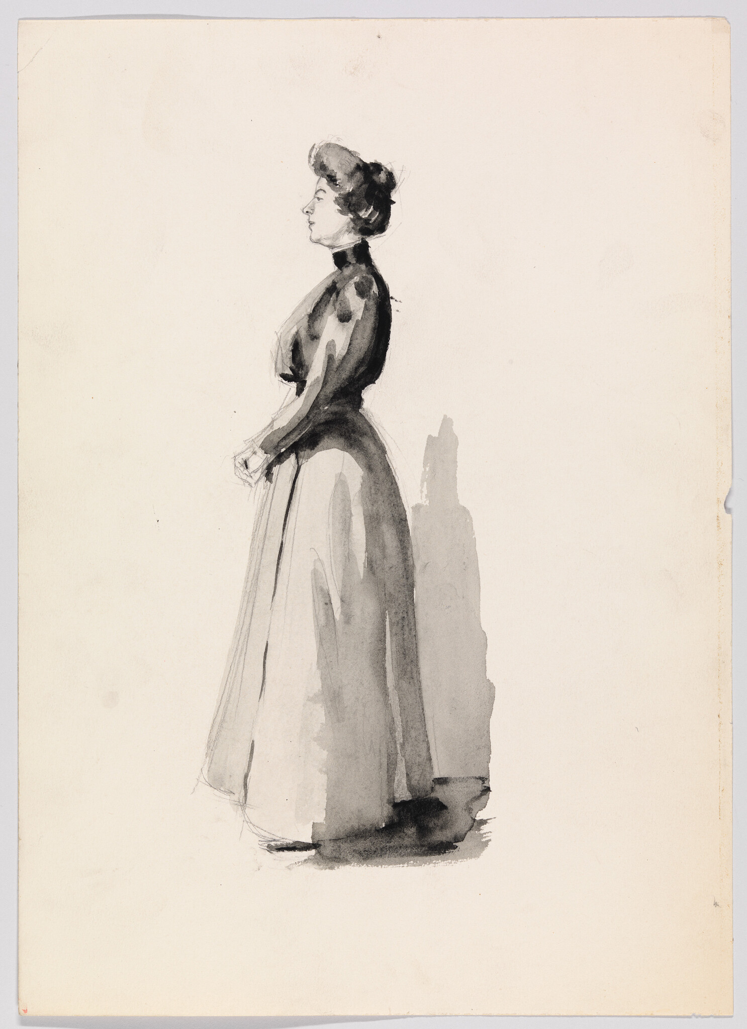 A standing woman in a long period dress and high collar, shown in profile with hands clasped.