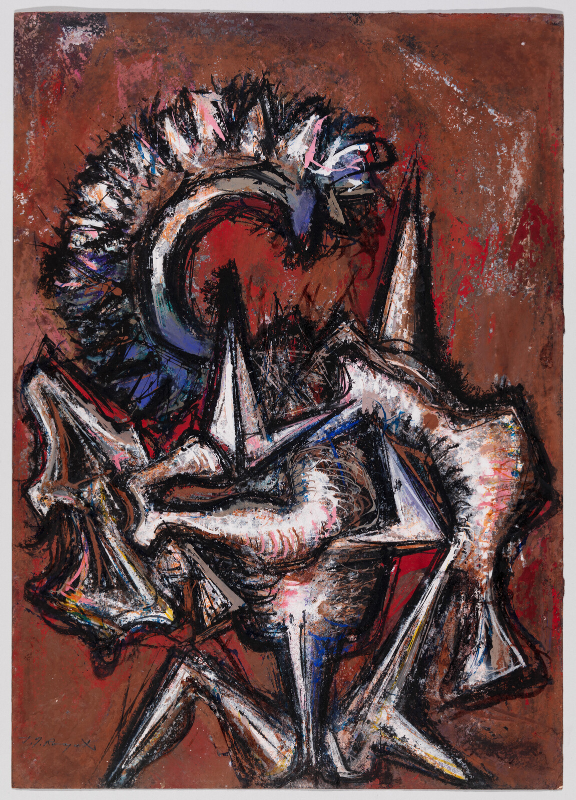 Abstract composition of twisted spiky forms and a curved crest in dark red and white tones.