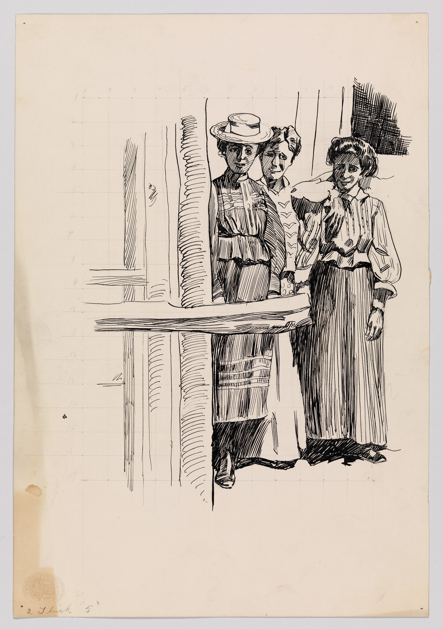 Three women in early 20th-century dresses stand on a porch, one shading her eyes with her hand.