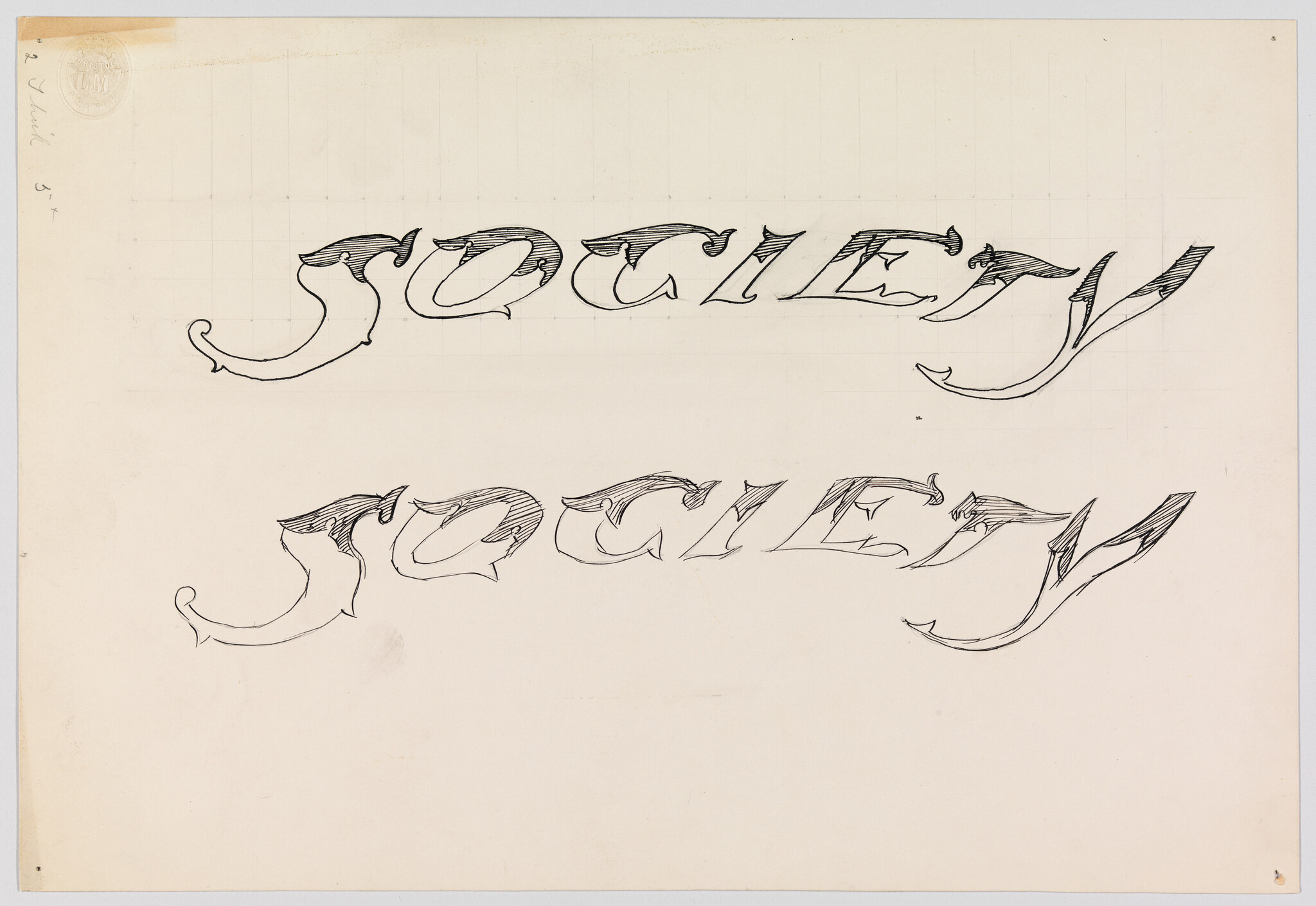 Two hand-drawn ornate word "Society" sketches in decorative script on blank paper.