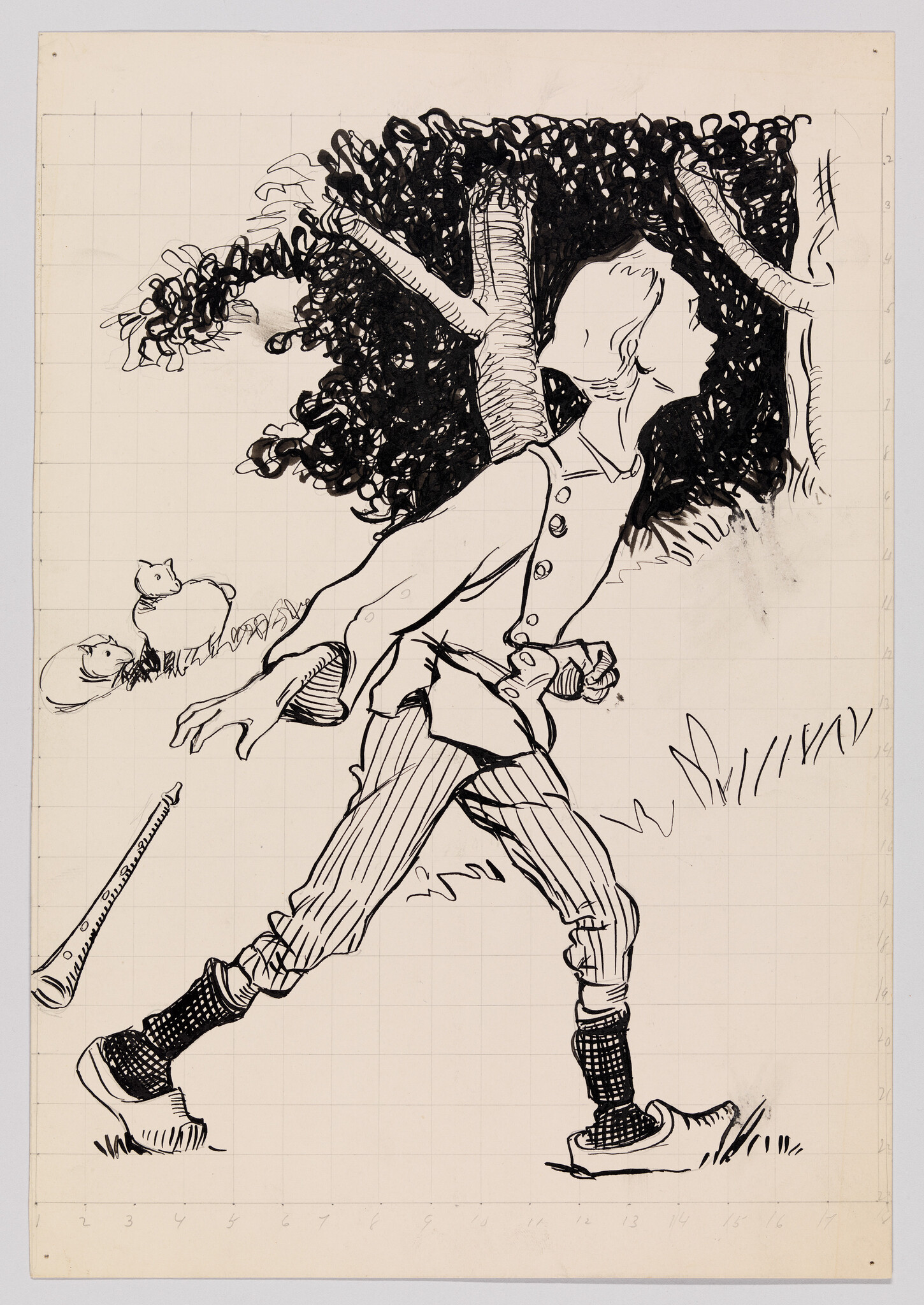 A young person strides past a tree with a fallen flute and curious small animals nearby.