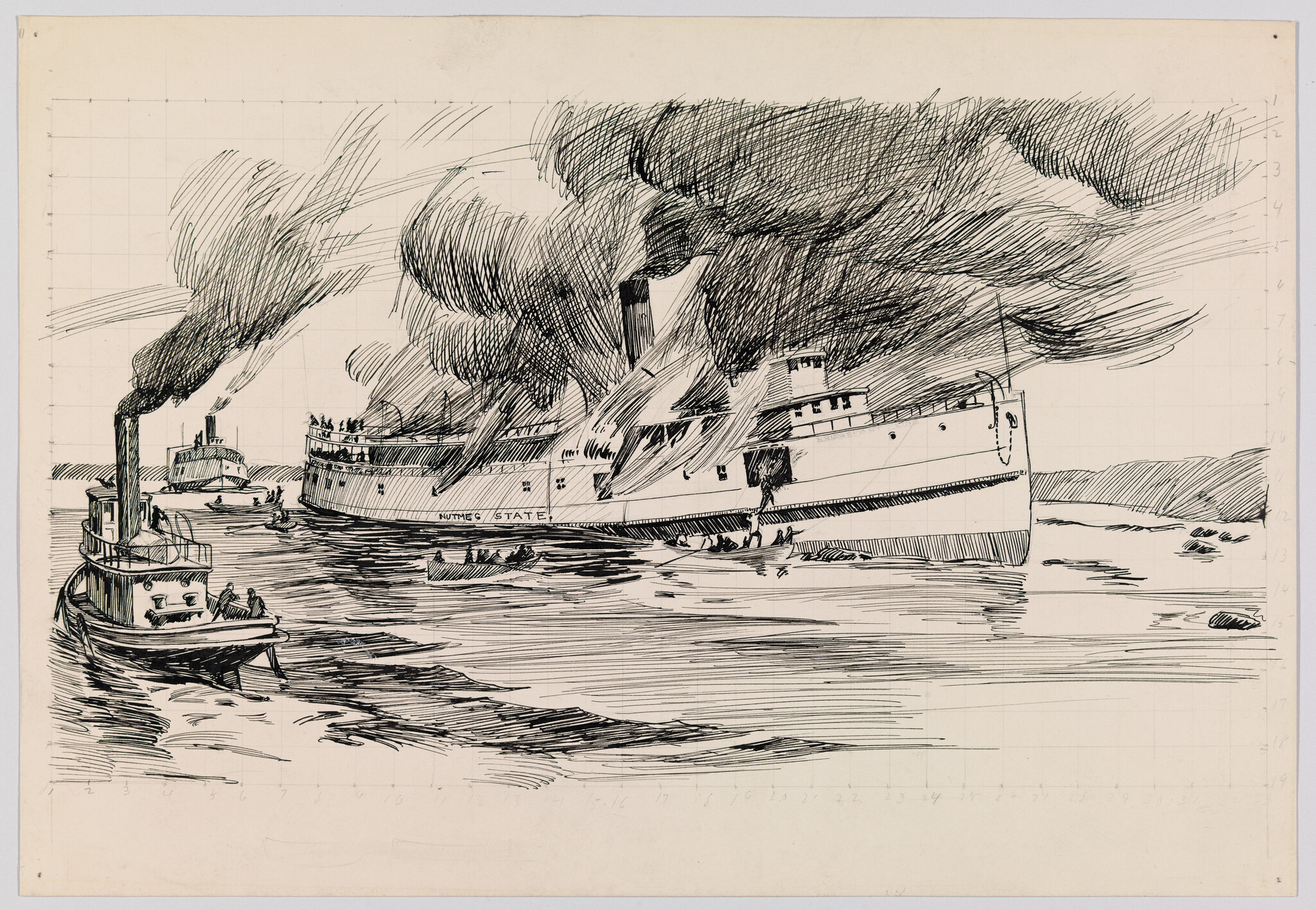 Large passenger ship titled "Nutmeg State" burns and sends smoke while small boats rescue people.