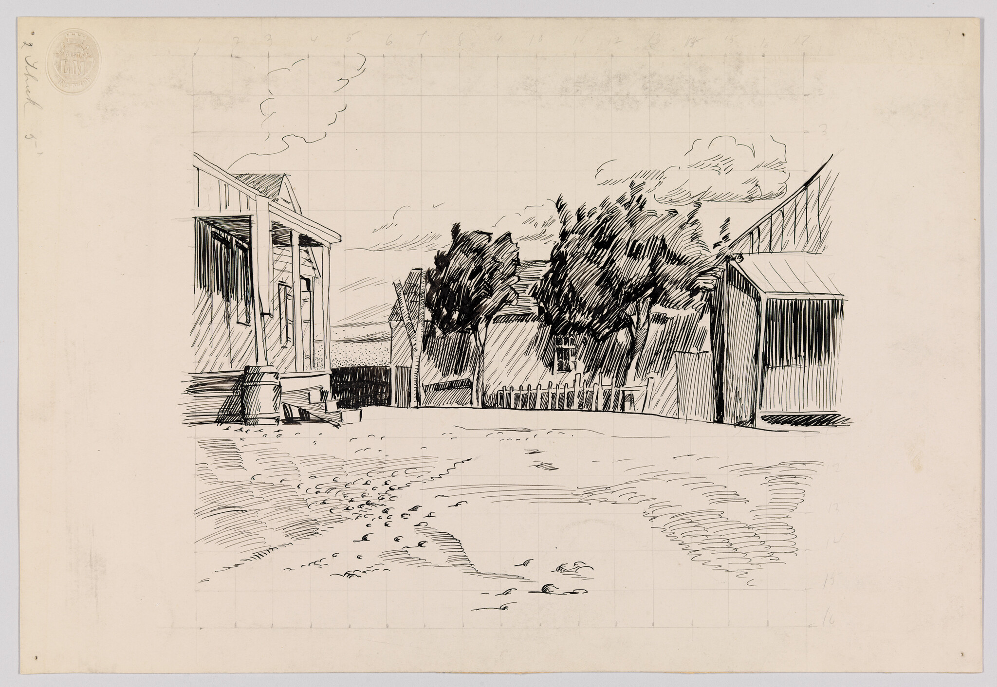 A pen sketch shows a sandy yard with two small buildings, trees, and a picket fence.