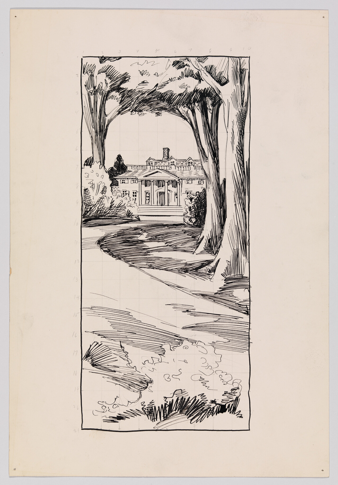 Large columned mansion framed by tall trees with a winding driveway leading to the entrance.