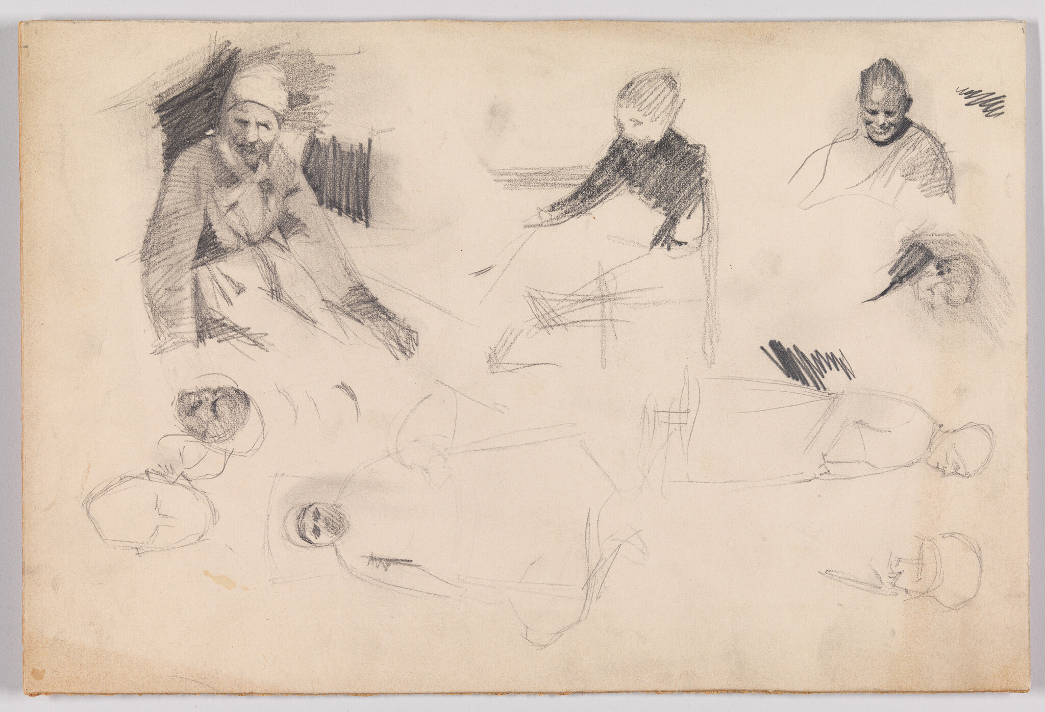 Several loose pencil sketches of seated and reclining figures and head studies on paper.