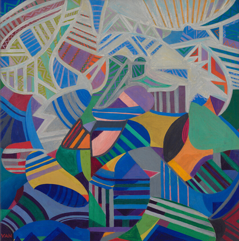 A vibrant abstract painting featuring a complex overlay of geometric shapes and patterns in a multitude of colors. The composition is dense with interlocking forms, creating a sense of movement and rhythm throughout the canvas.