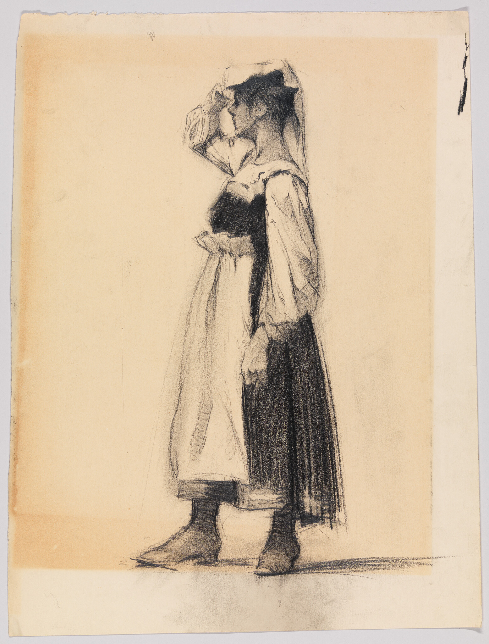 A charcoal sketch of a standing woman in a long dress holding her hand to her forehead.