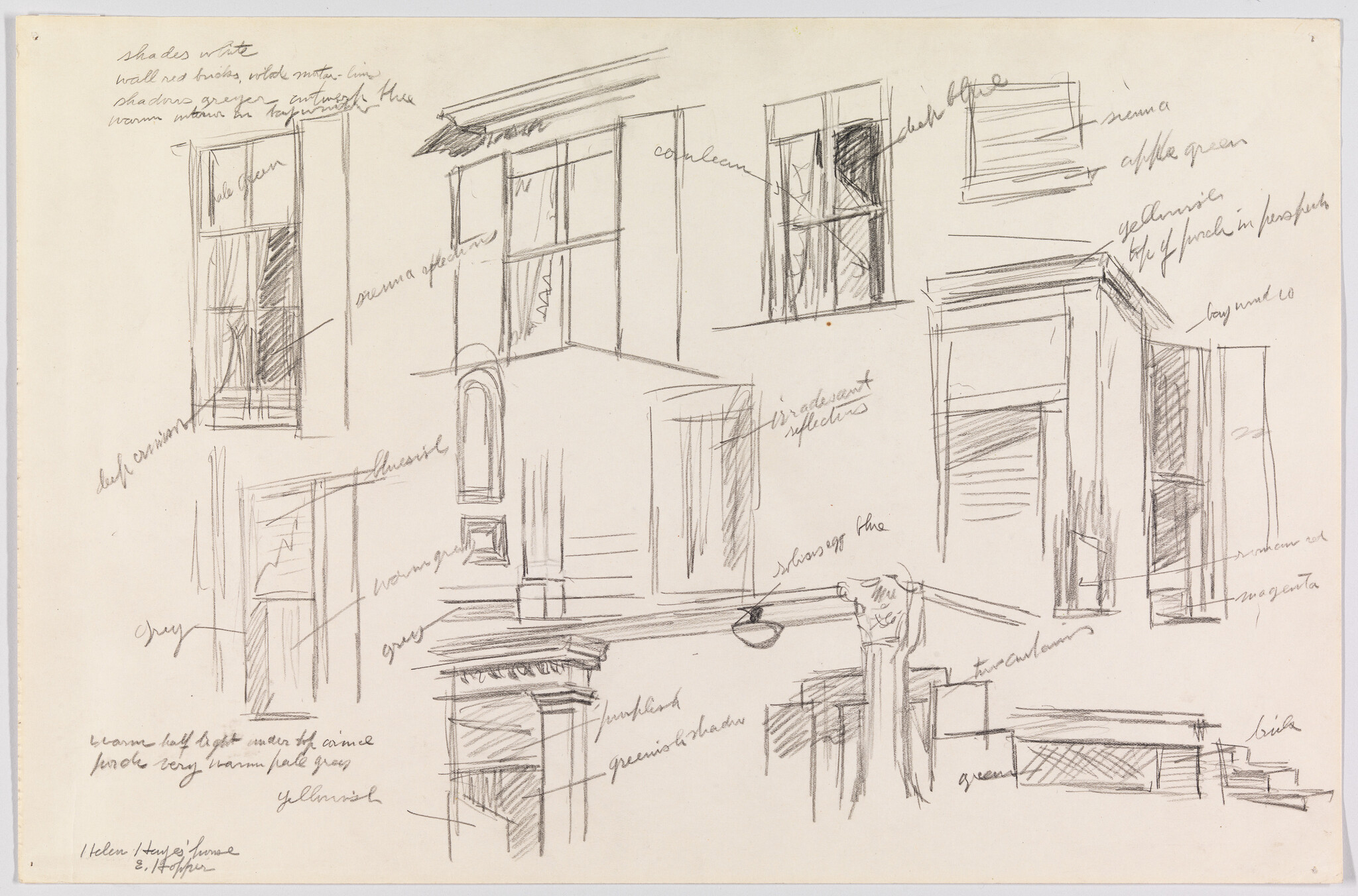 A sketch featuring various architectural elements and details, with annotations and notes indicating colors and materials. The drawings include windows, parts of buildings, and structural details, with handwritten text scattered throughout the image.