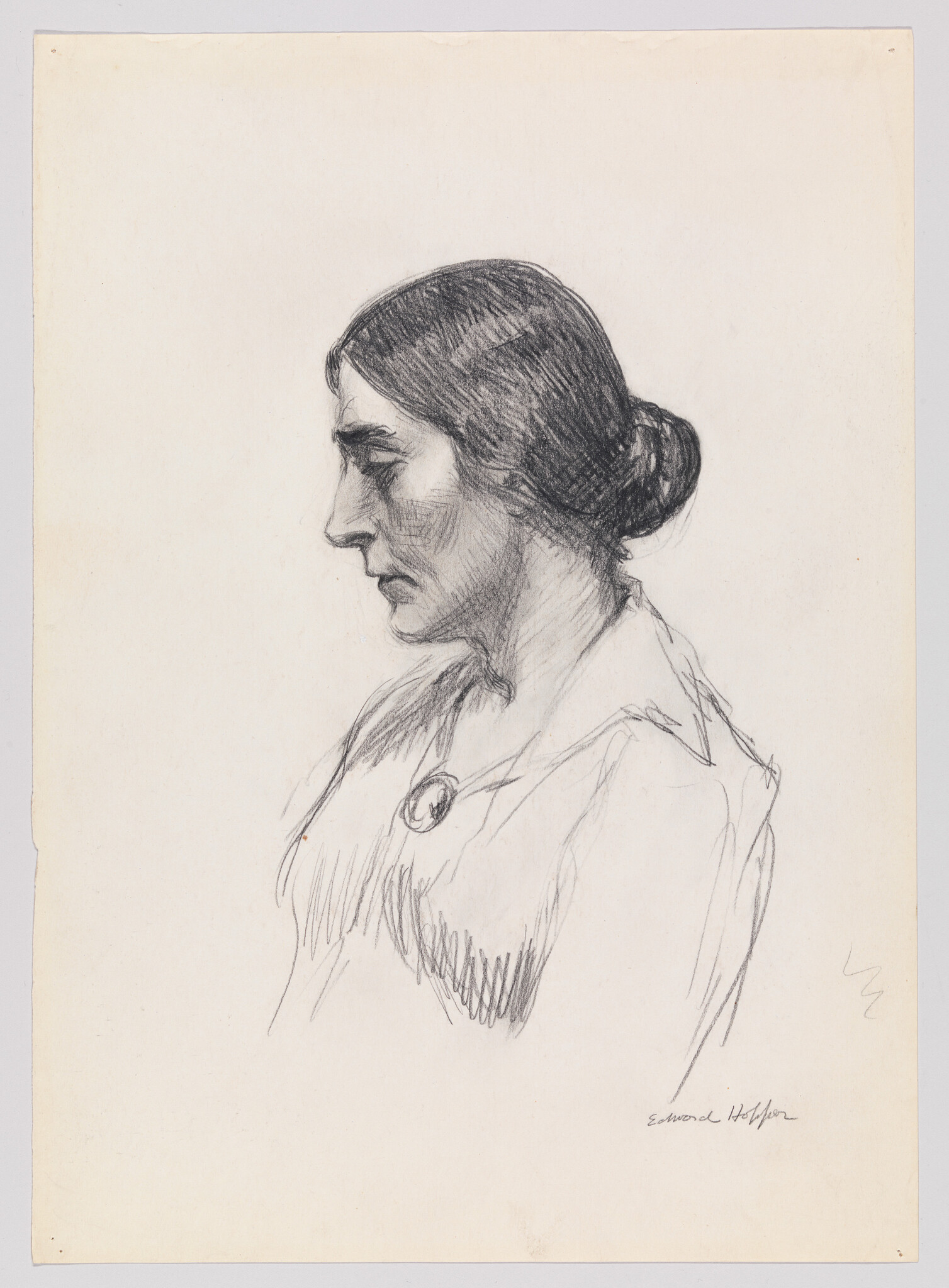 Pencil sketch showing a woman in profile with hair in a low bun and brooch.