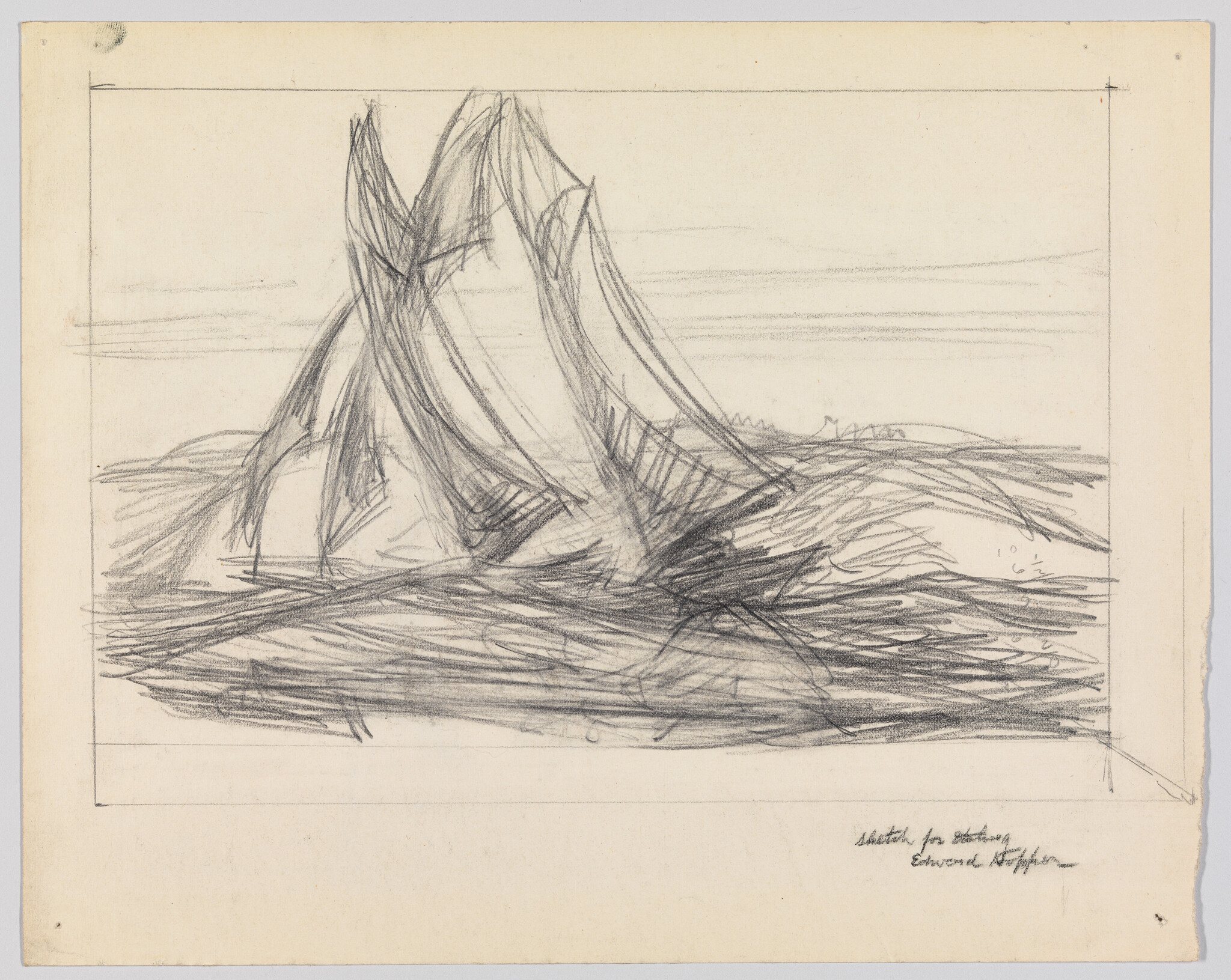 Rough pencil sketch of a jagged iceberg rising from choppy ocean waves.