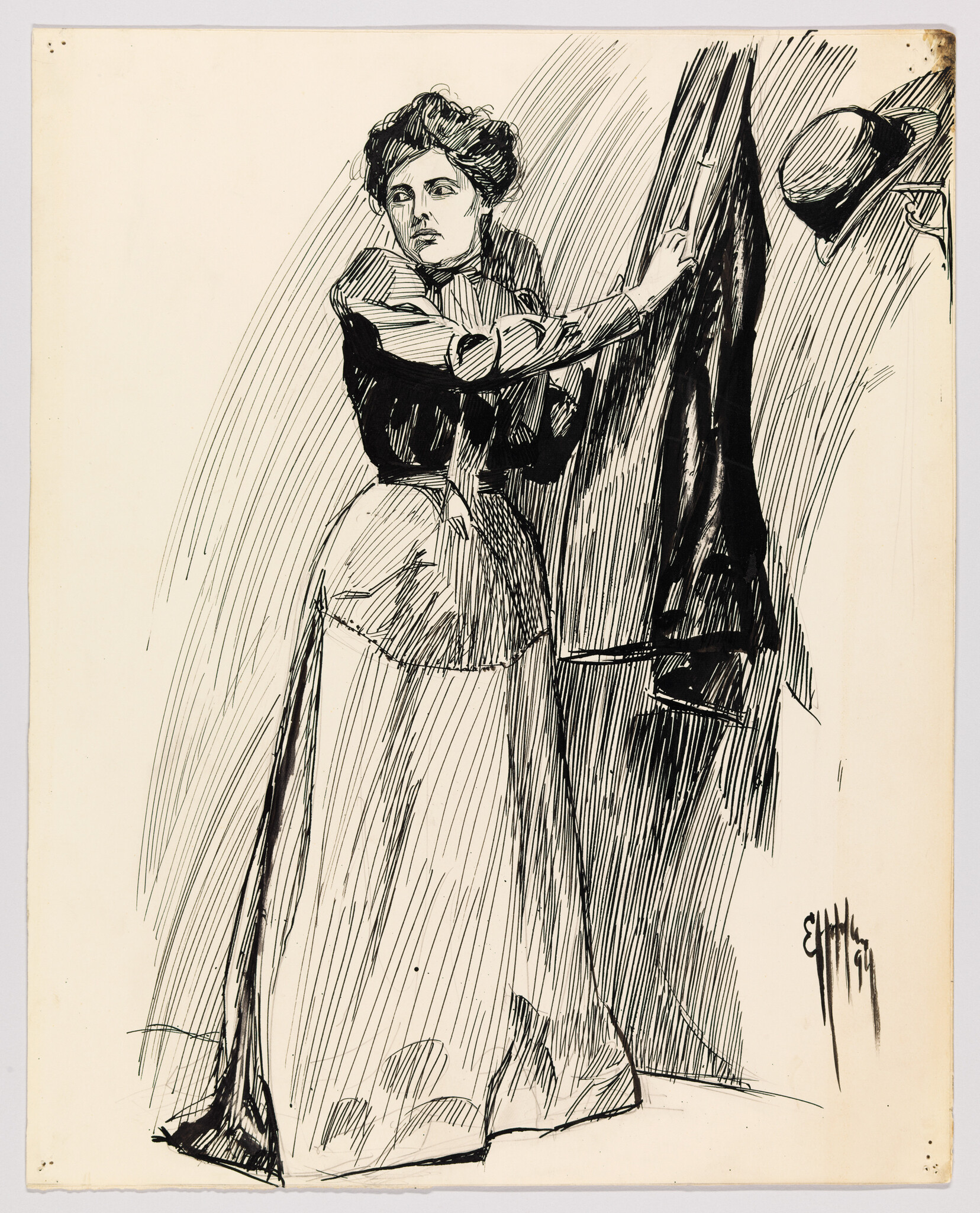 A woman in a long skirt draws back a curtain while glancing to the side.