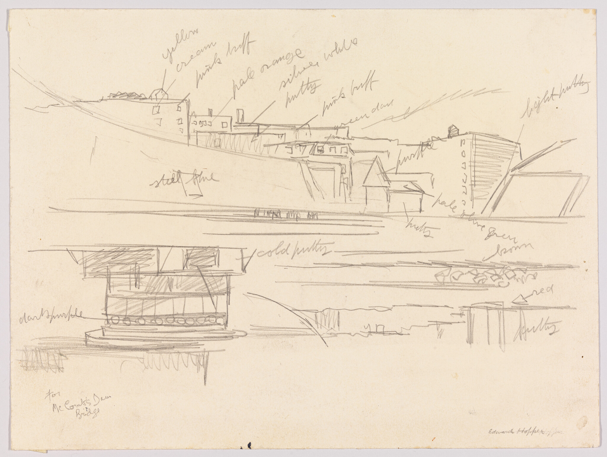 Pencil sketch of a riverside town with buildings, bridge supports, and handwritten color notes.