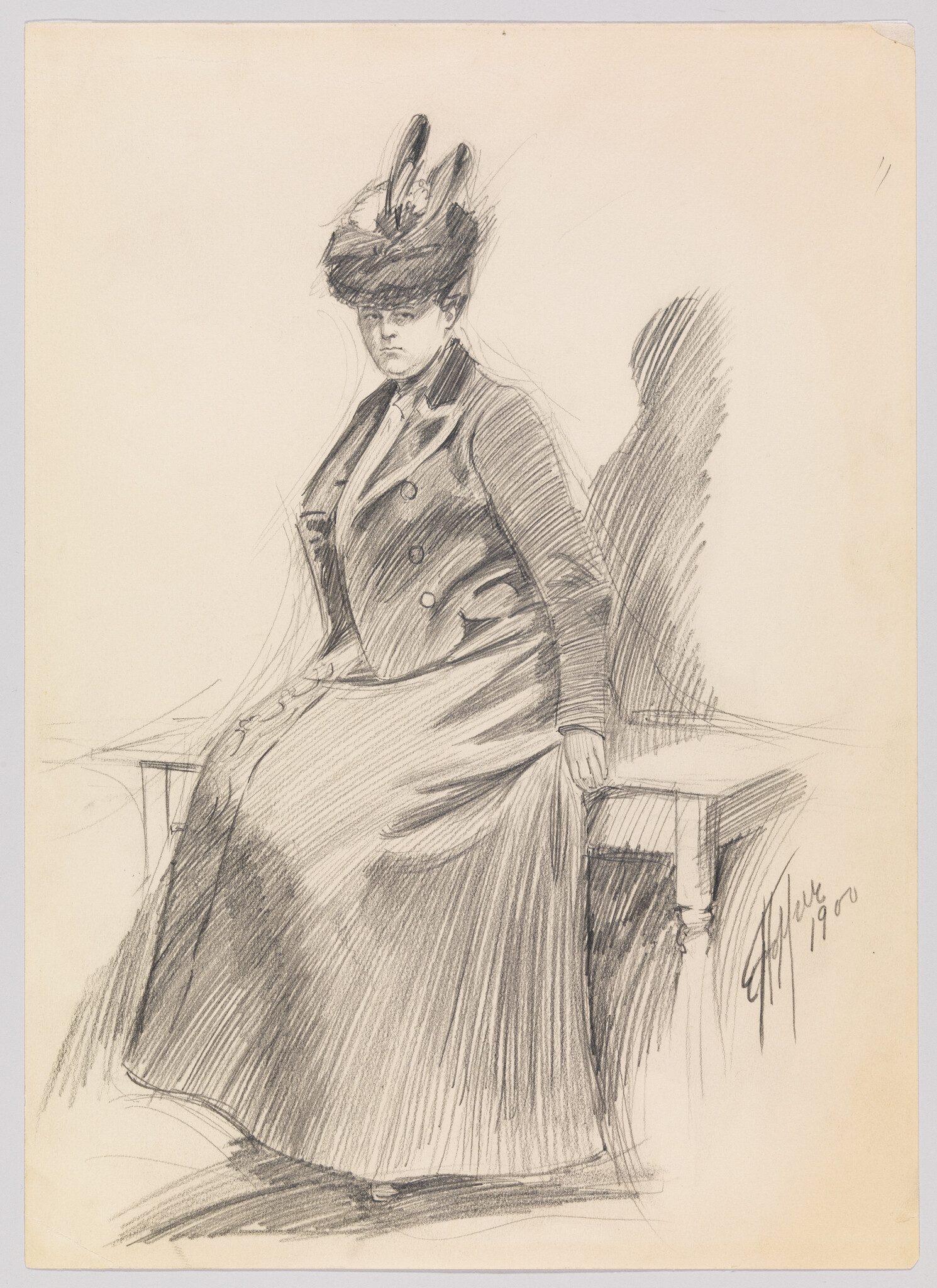 A woman in a long skirt and feathered hat sits on a bench with a serious expression.