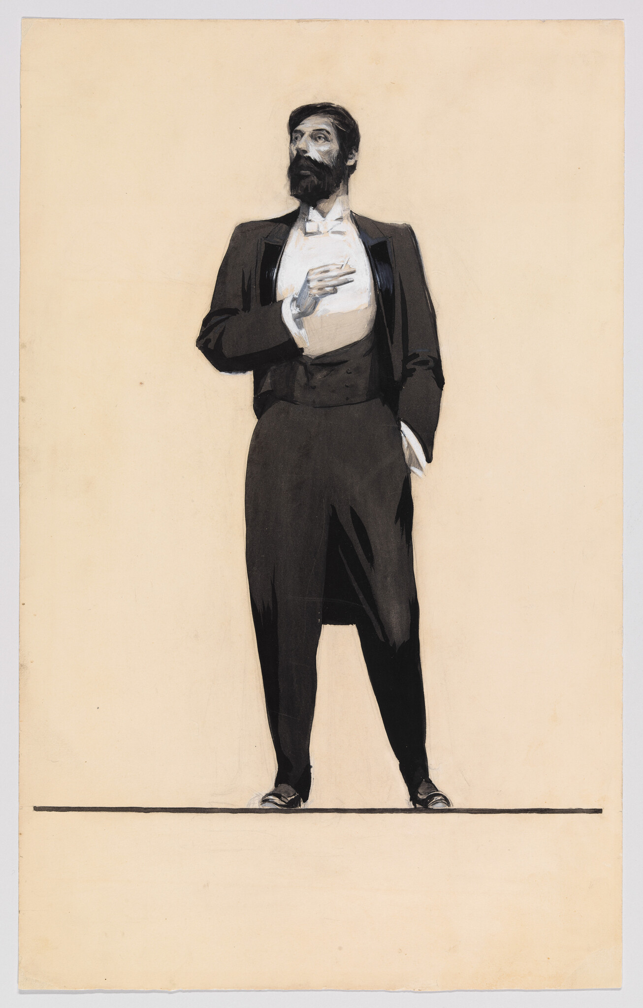 A bearded man in formal tailcoat stands with one hand on his chest and the other in his pocket.