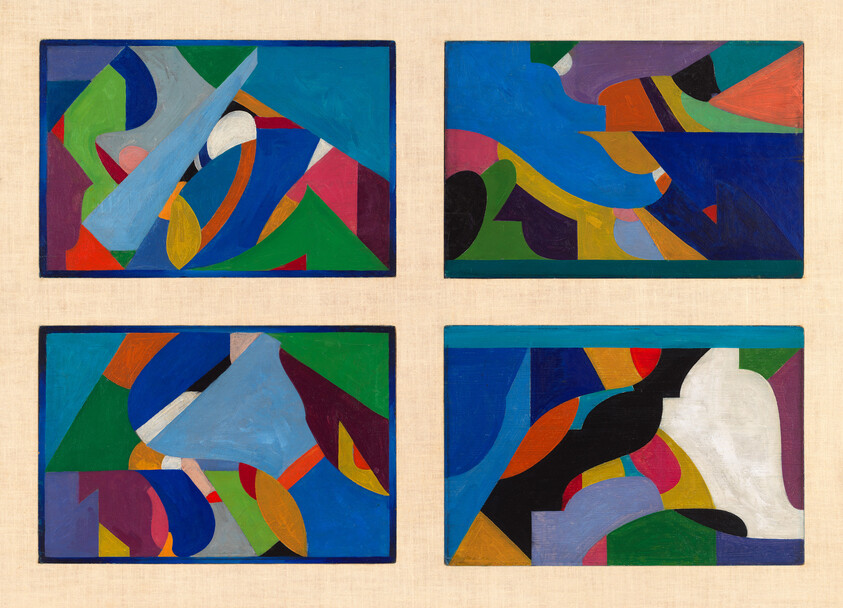 Four abstract paintings with vibrant colors and geometric shapes mounted on a beige wall or canvas. Each painting features a unique composition of interlocking forms in a variety of hues, including blue, green, red, orange, yellow, and purple, outlined by bold black lines. The artworks are arranged in a two-by-two grid.