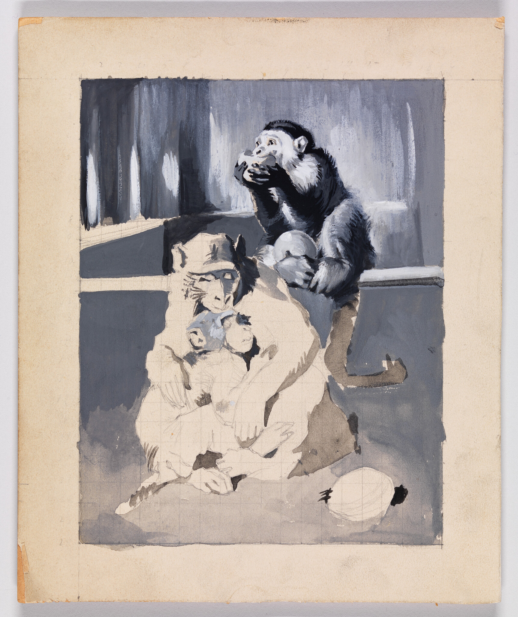 Three monkeys sit together while a larger monkey behind holds and inspects a round fruit.