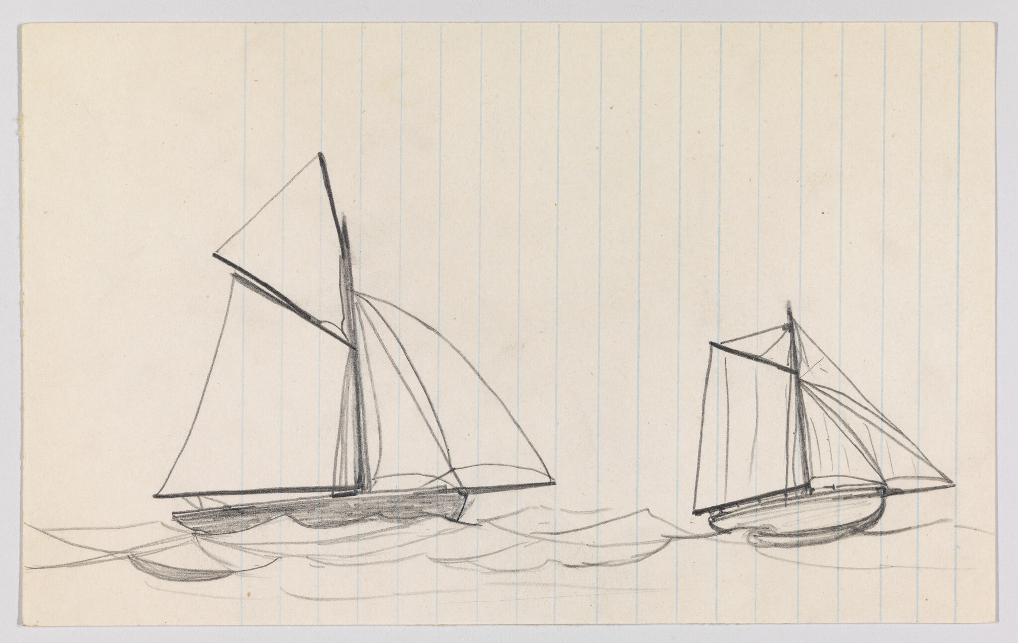 Two small sailboats with raised sails drawn in pencil on lined paper, floating on waves.