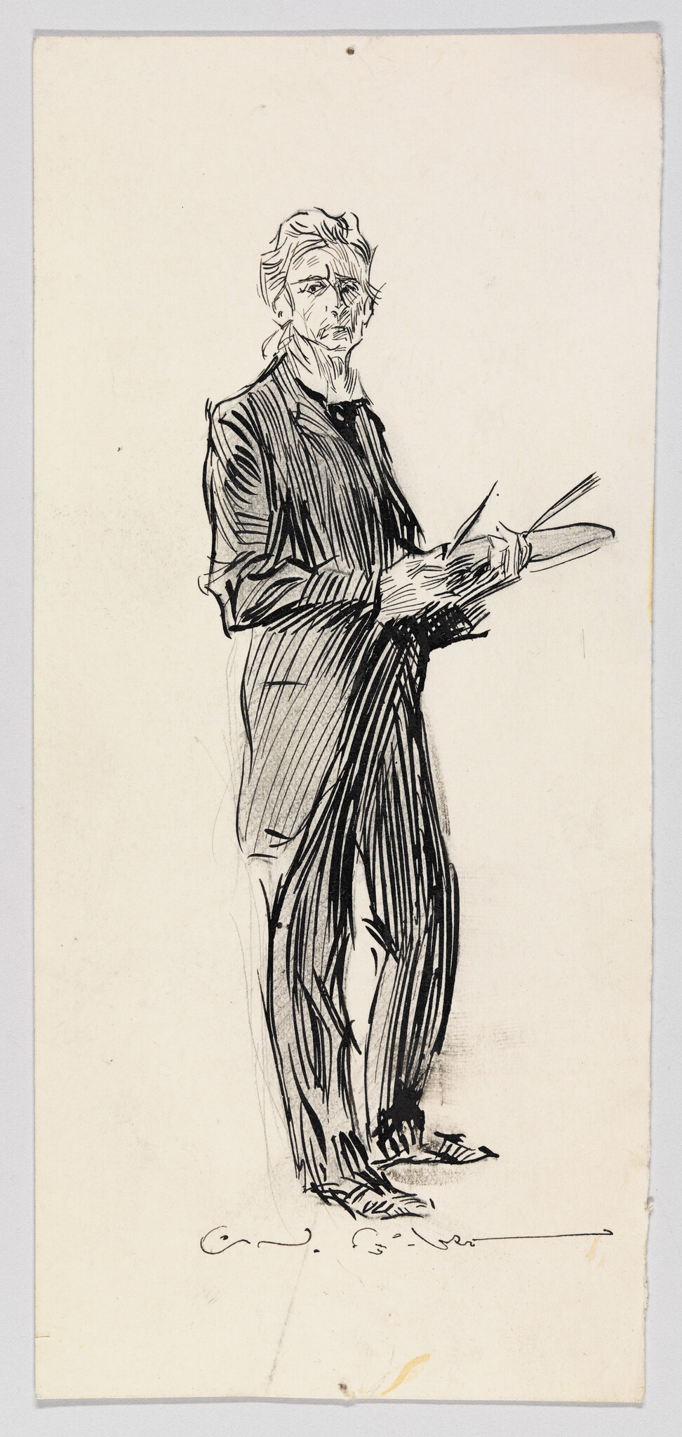A standing male artist holds a palette and brushes while looking toward the viewer.