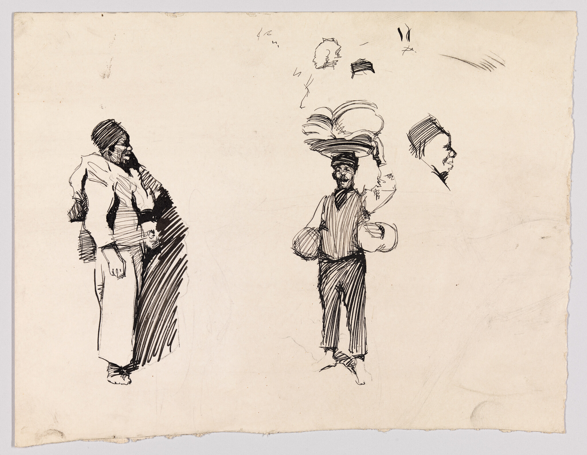 Sketches on aged paper featuring two prominent figures: on the left, a person in profile view wearing a turban and robe, and on the right, a person balancing a large feathered hat on their head, holding a cane and a ball, with additional facial studies scattered across the page.